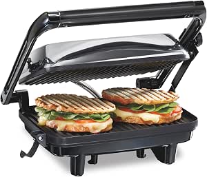 Hamilton Beach Panini Press Sandwich Maker & Electric Indoor Grill with Locking Lid, Opens 180 Degrees for any Thickness for Quesadillas, Burgers & More, Nonstick 8" x 10" Grids, Chrome (25460AG)