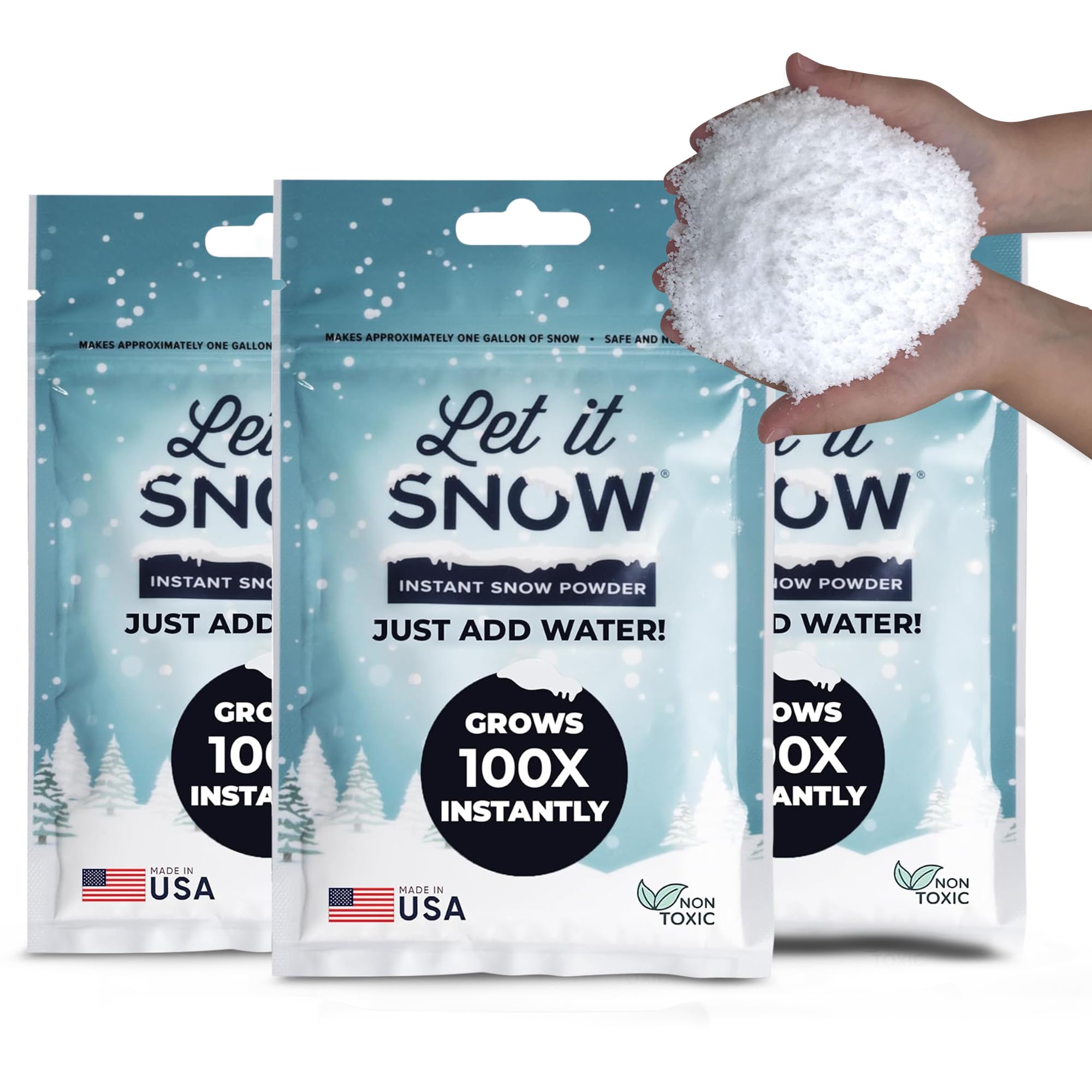 Let it Snow Instant Fake Snow Powder - Made in the USA, Safe & Easy to Use Artificial Snow for Slime, Holiday Decorations, Photography & Sensory Play, 3 Pack, Makes 3 Gallons