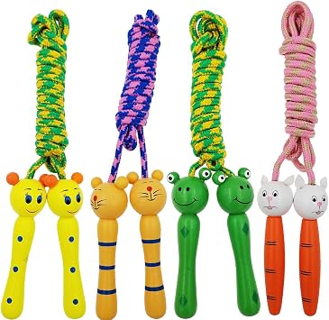 4 Pack Jump Rope with Wood Handles for Kids - Skipping Rope Great for Children and Students Outdoor Fun Activity, Party Favor, Recreation and fitness Keeping Fit.