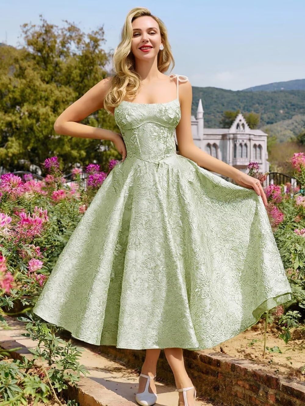 Women's Satin Jacquard Prom Dresses for Wedding Spaghetti Straps Square Neck Midi Formal Evening Dress - Image 4