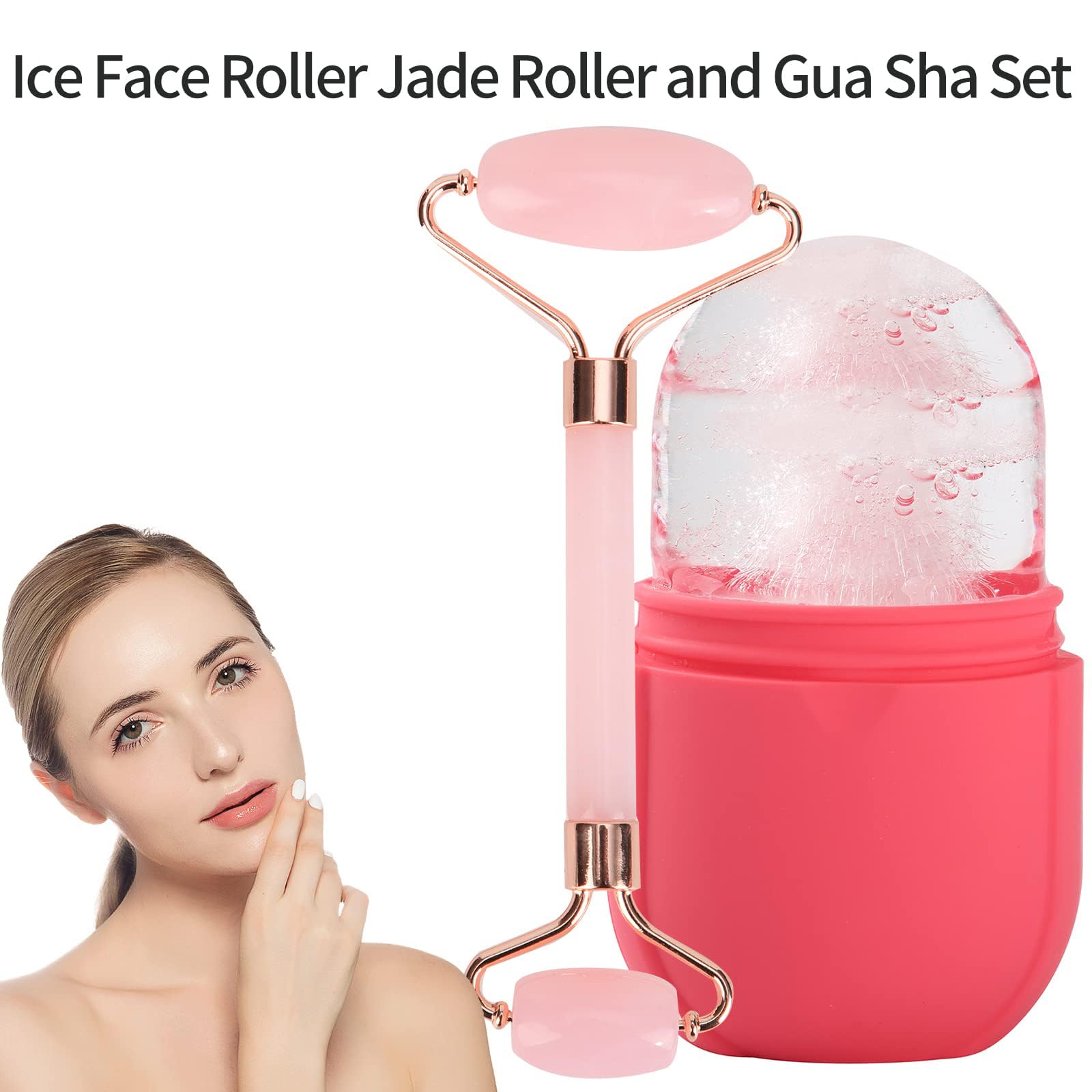 Ice Face Roller Jade Roller y Gua Sha, rodillo de hielo para rostro y ojos, herramientas de cuidado de la piel de belleza facial para iluminar la piel y quitar líneas finas (Ovalado, juego rosa)