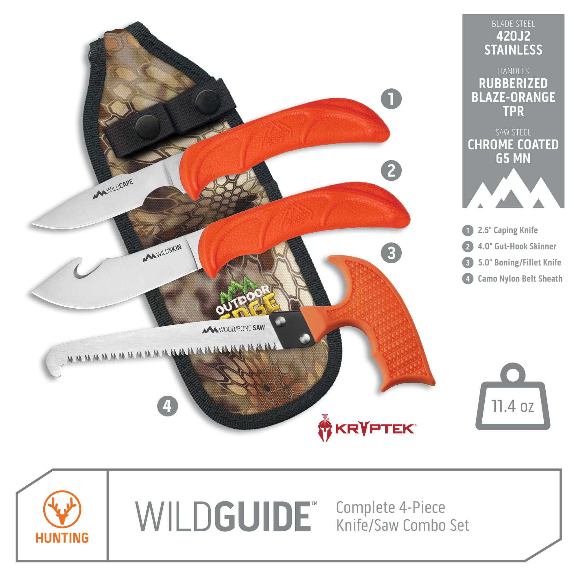 Outdoor Edge WildGuide, 4Piece Hunting Knife/Saw Combo Set with Fixed