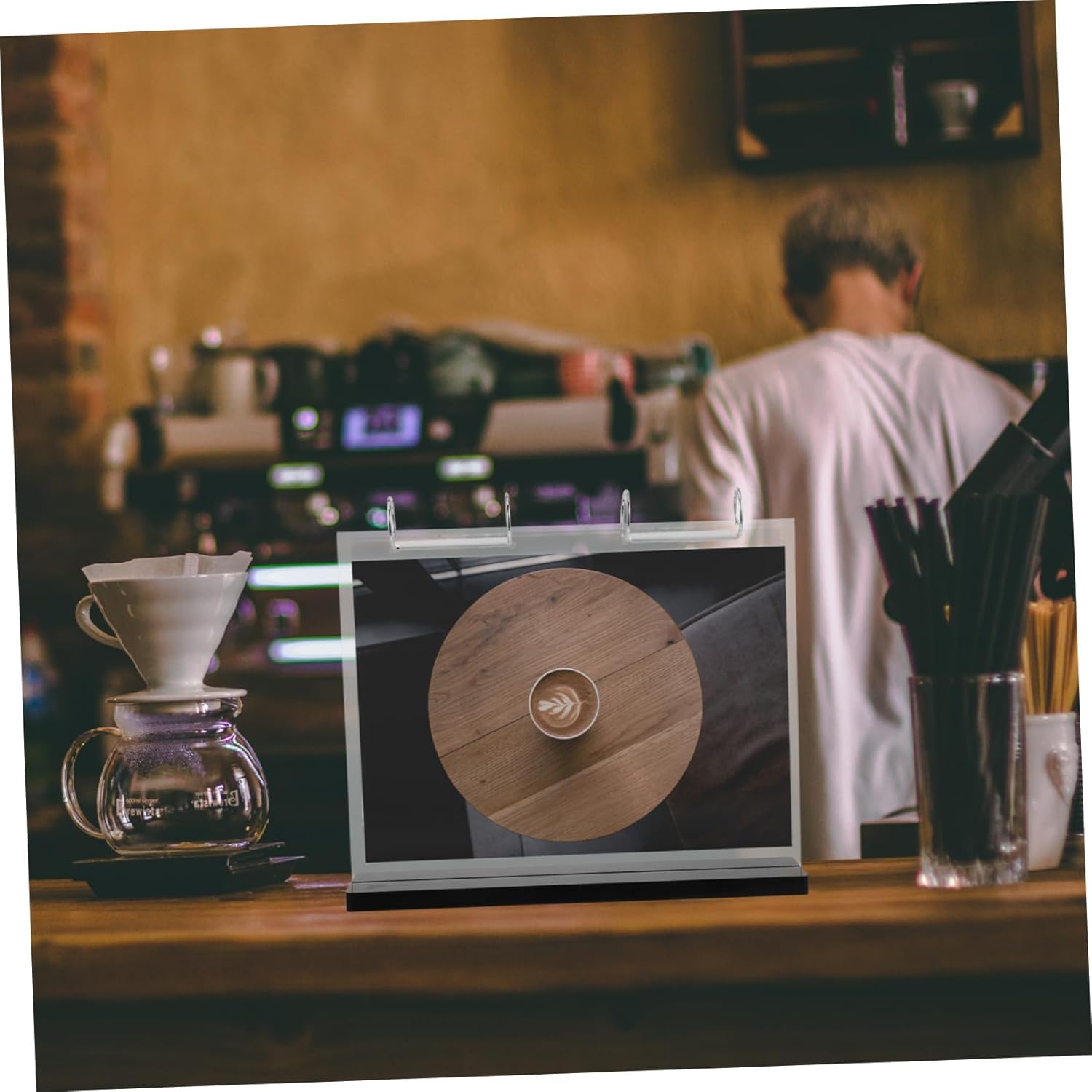 Mobestech Double-sided Menu Display Stand with Page Flipping Card Sleeves Wooden and Acrylic Table Sign Holder for Restaurants Cafes and Tea Shops