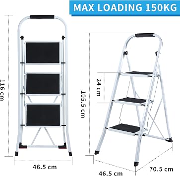 Galvaran 3 Step Ladder – Folding Step Ladder, Portable With Anti-Slip Mat & Comfortable Soft Handgrip, Heavy Duty Steel Step Ladder - Easy to Store Step Ladders, 150KG Max Capacity (3-Step)