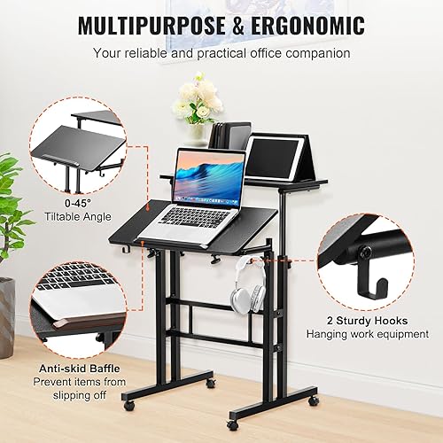 Miniatura 6 de VEVOR Escritorio de pie ajustable con resorte de gas de 26.4 a 44.9 pulgadas, ruedas giratorias de 360 (4 con bloqueo), mesa para computadora