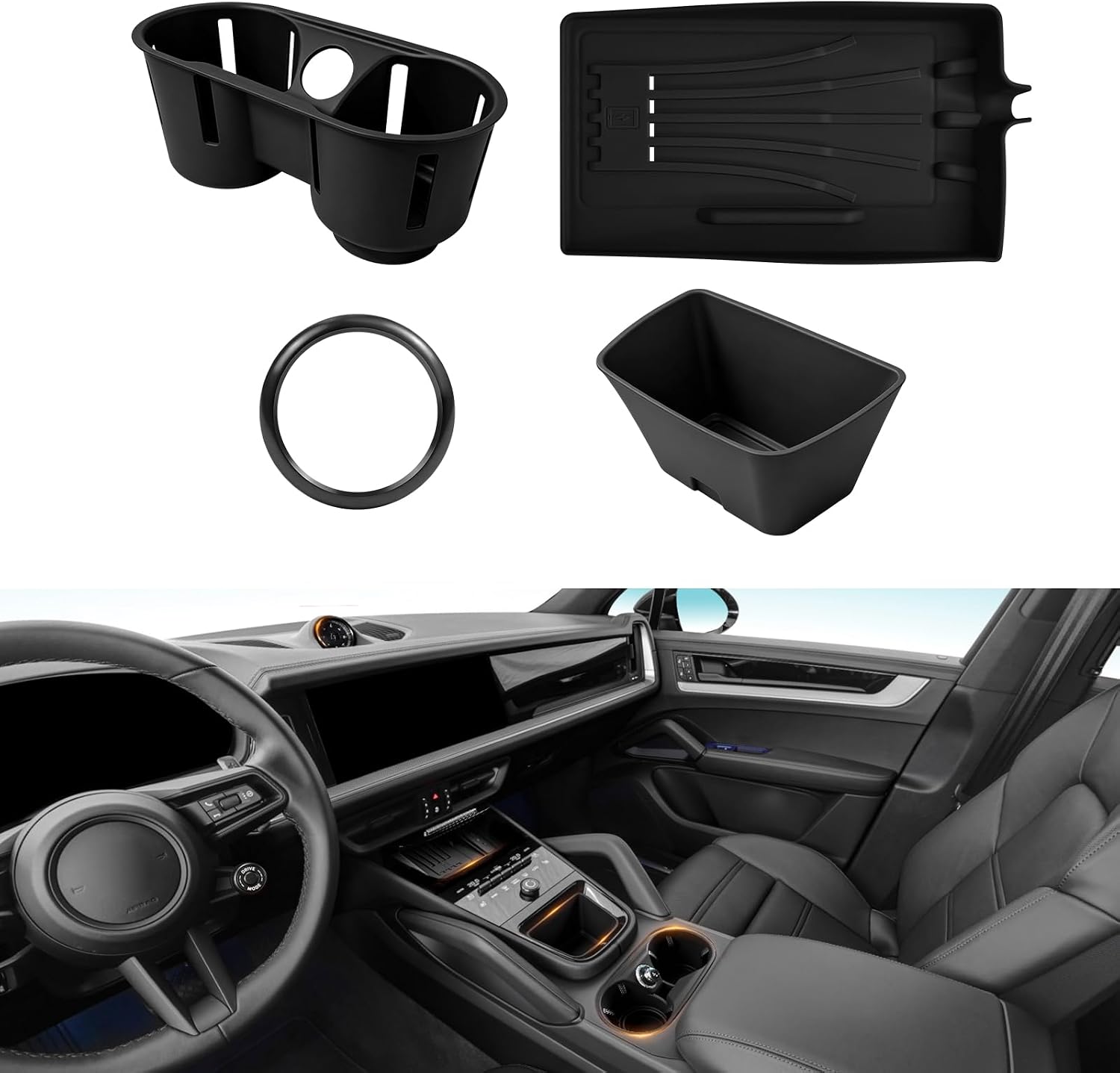 4PCS Center Console Storage Mat, Wireless Charging Silicone Mat, Full‑Wrap Cup Holder Inserts & Dashboard Center Clock Surrounding Compass Cover for 2024 2025 2026 Porsche Cayenne Accessories