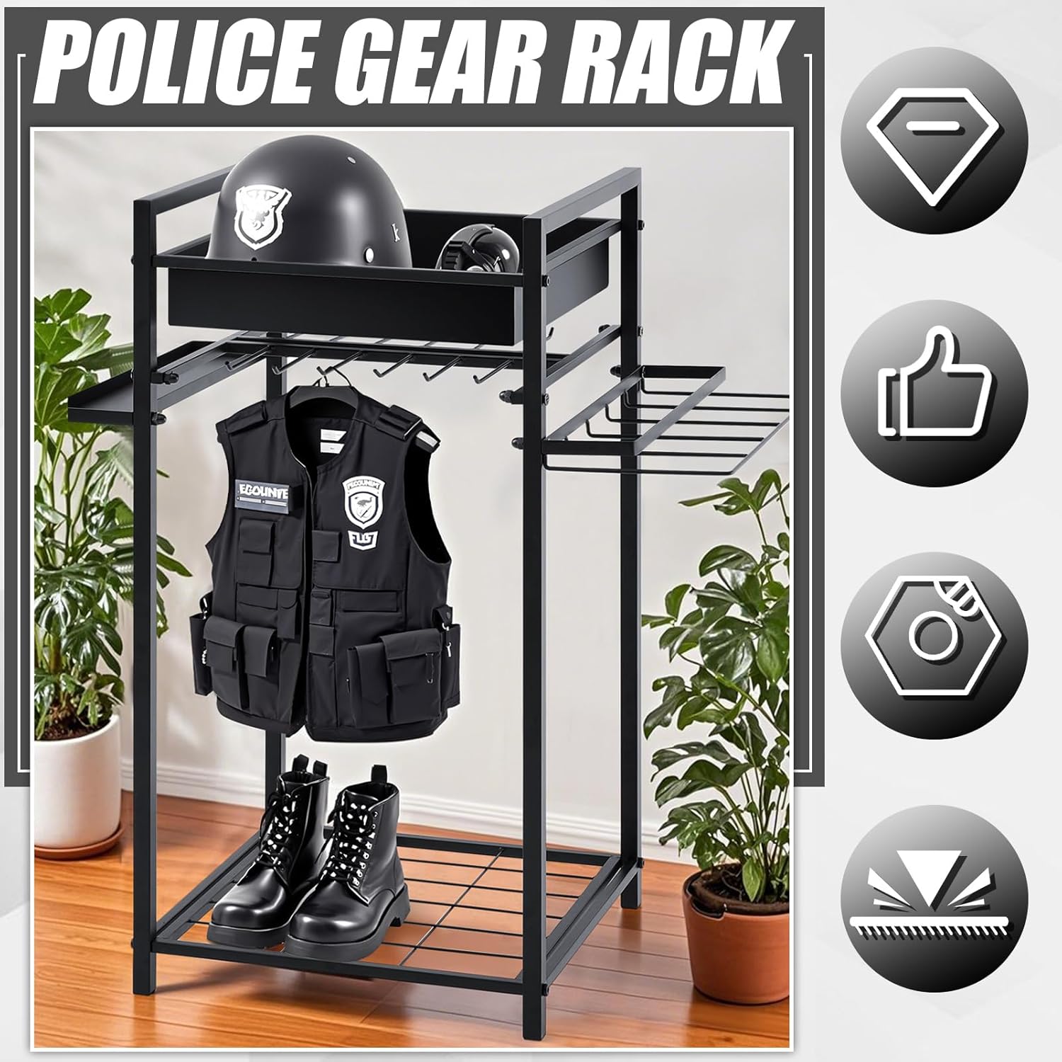 Blulu Police Gear Stand, Tactical Duty Gear Rack with 12 Hooks, Uniform, Duty Belt & Vest Hanger, Black Body Armor Stand for Police Gift