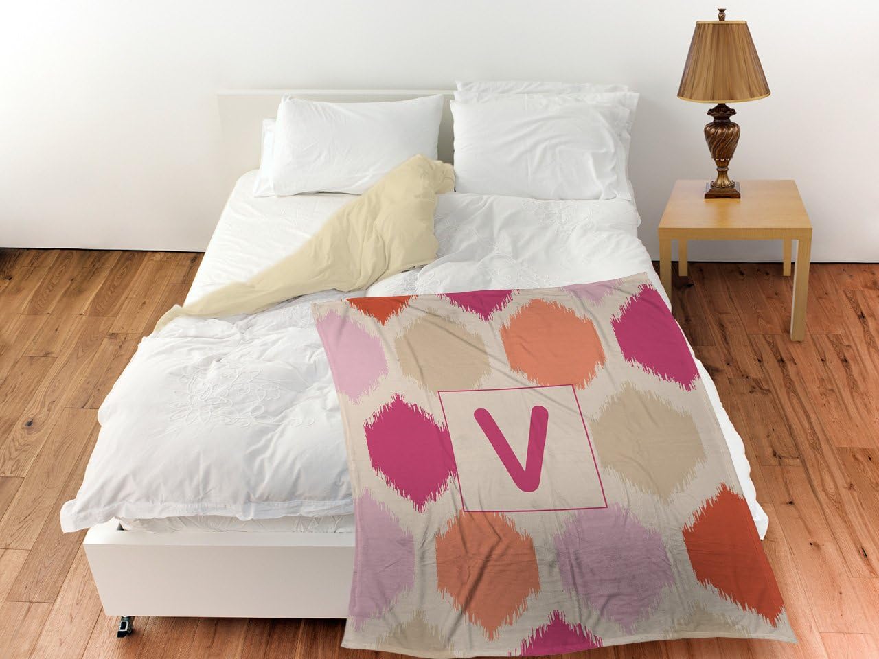 Manual Woodworkers & Weavers Coral Fleece Throw, 30 by 40-Inch, Monogrammed Letter V, Pink Batik