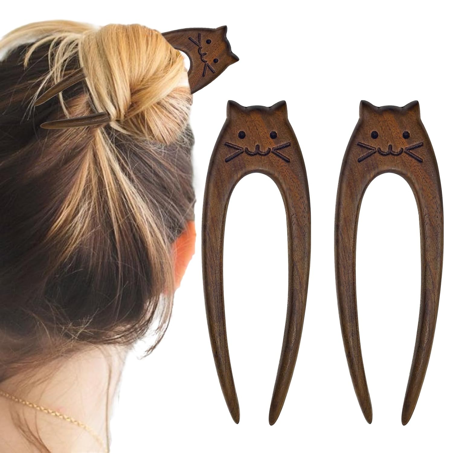 Ebony Cat Face Hair Forks - U Shaped Wooden Hair Pins