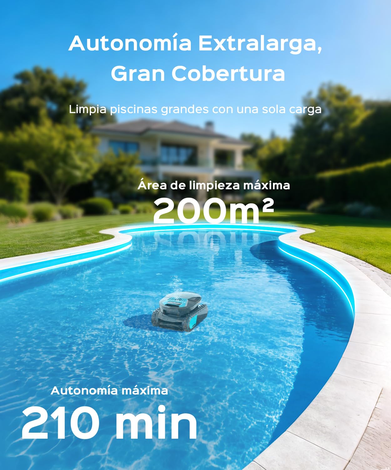 Pleco Pro Robot Limpiafondos Piscina, Autonomía 210 Min, Doble Filtro, 7 Modos, Control App, Limpiafondos Piscina Automático, 200 m²,Titanium
