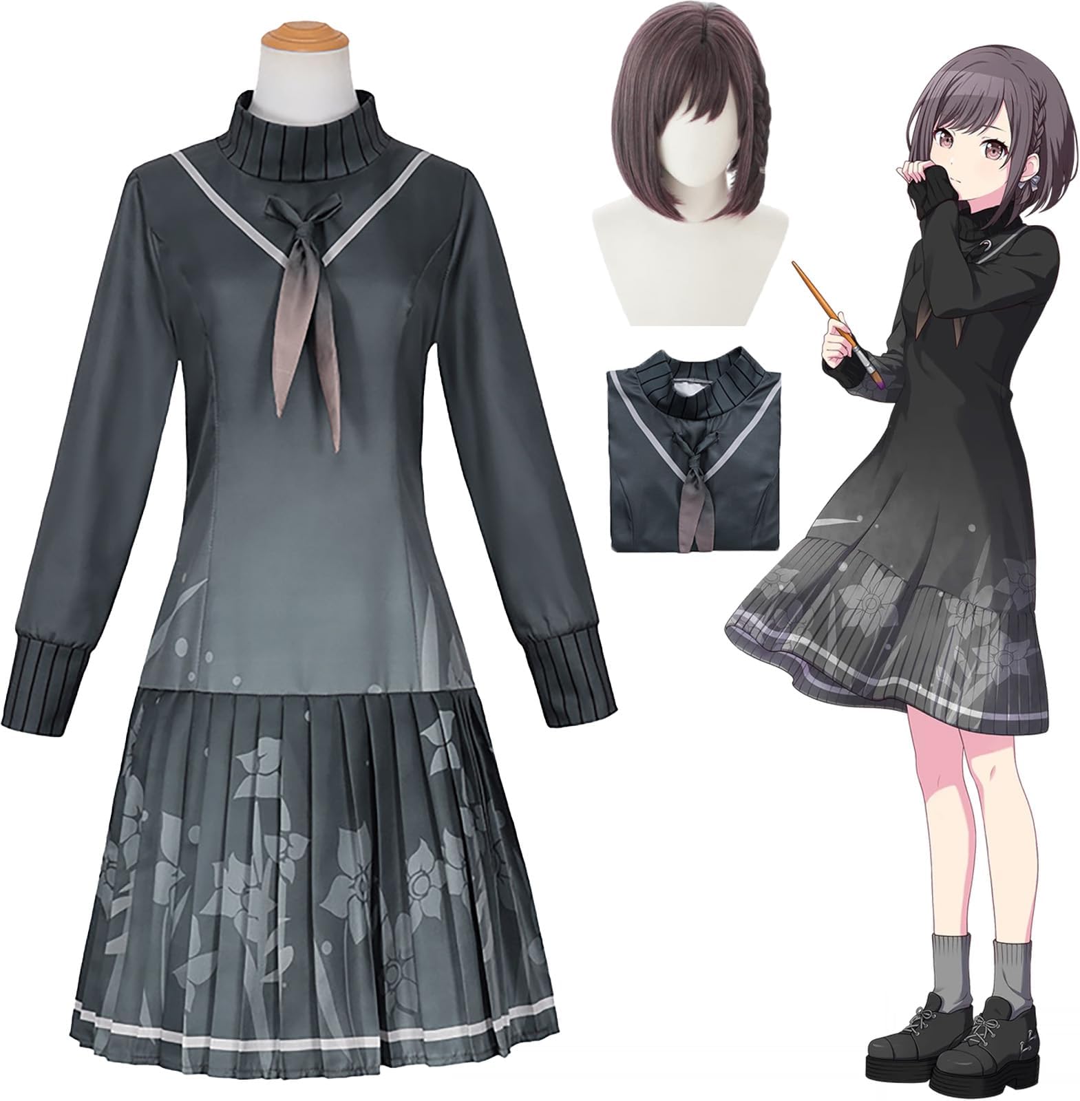 Daotutu Ena Shinonome Project Sekai Colourful Stage Cosplay Wig Costume Outfits for Women Game Character Akiyama Mizuki Gray Jacket Uniform Adult Full Set Halloween Carnival Fancy Dress Up Suit