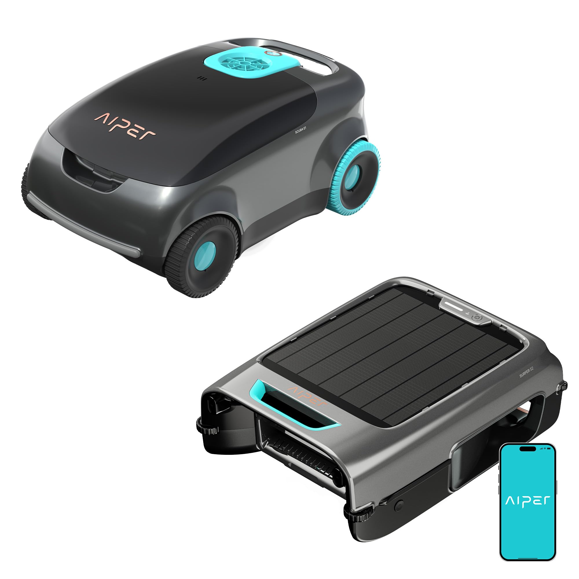 AIPER Scuba E1 + EcoSurfer S2 – Bundle Inteligente con Robot limpiafondos inalámbrico y Skimmer Solar automático