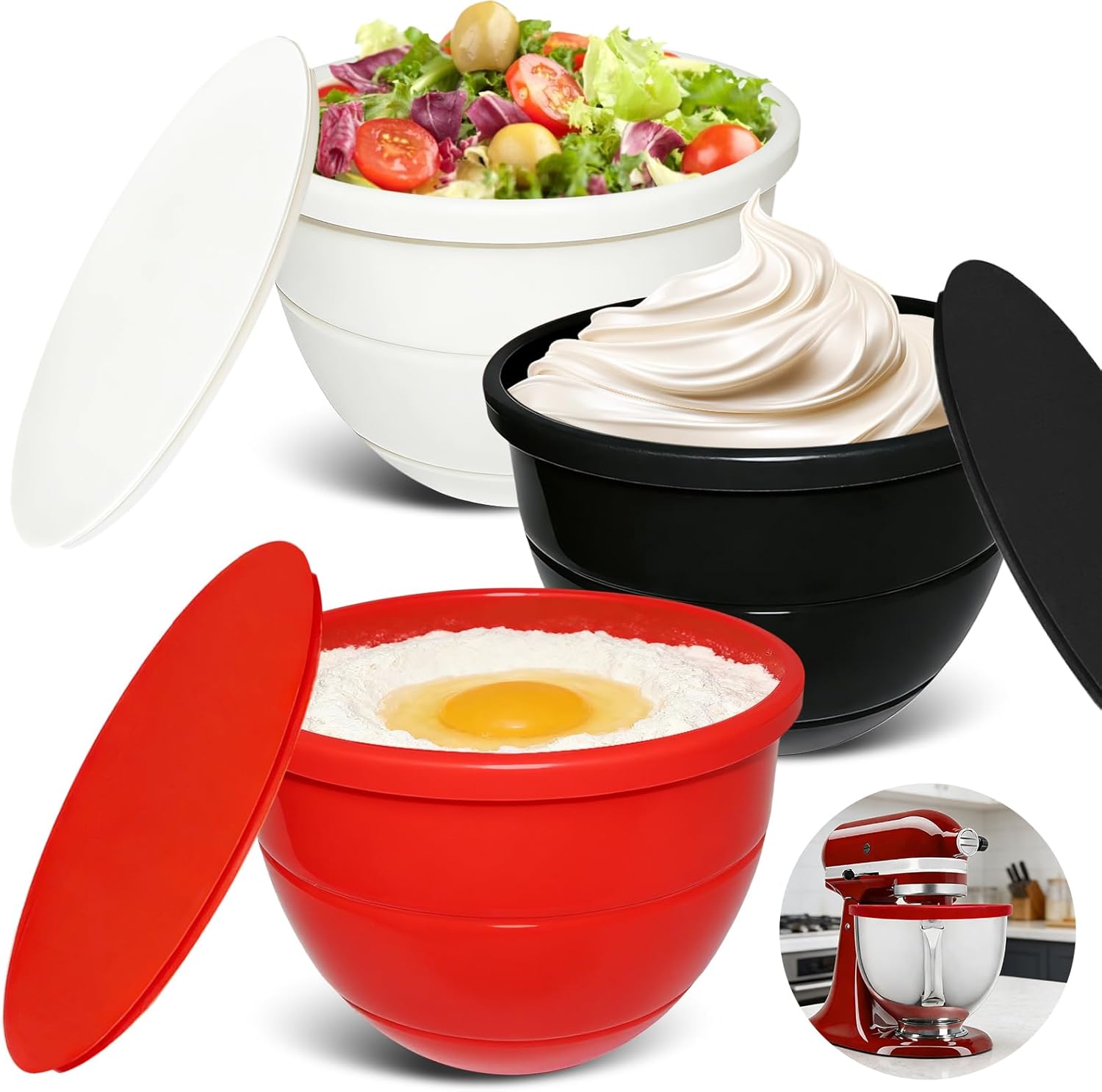 3PCS Foldable Silicone Bowls Liners with Lids for Kitchen Aid Mixer 5 Qt, Food Grade Kitchen Bowl Liner, Baking Cooking Accessories, Easy Clean Quick Replacement (Red+Black+White)