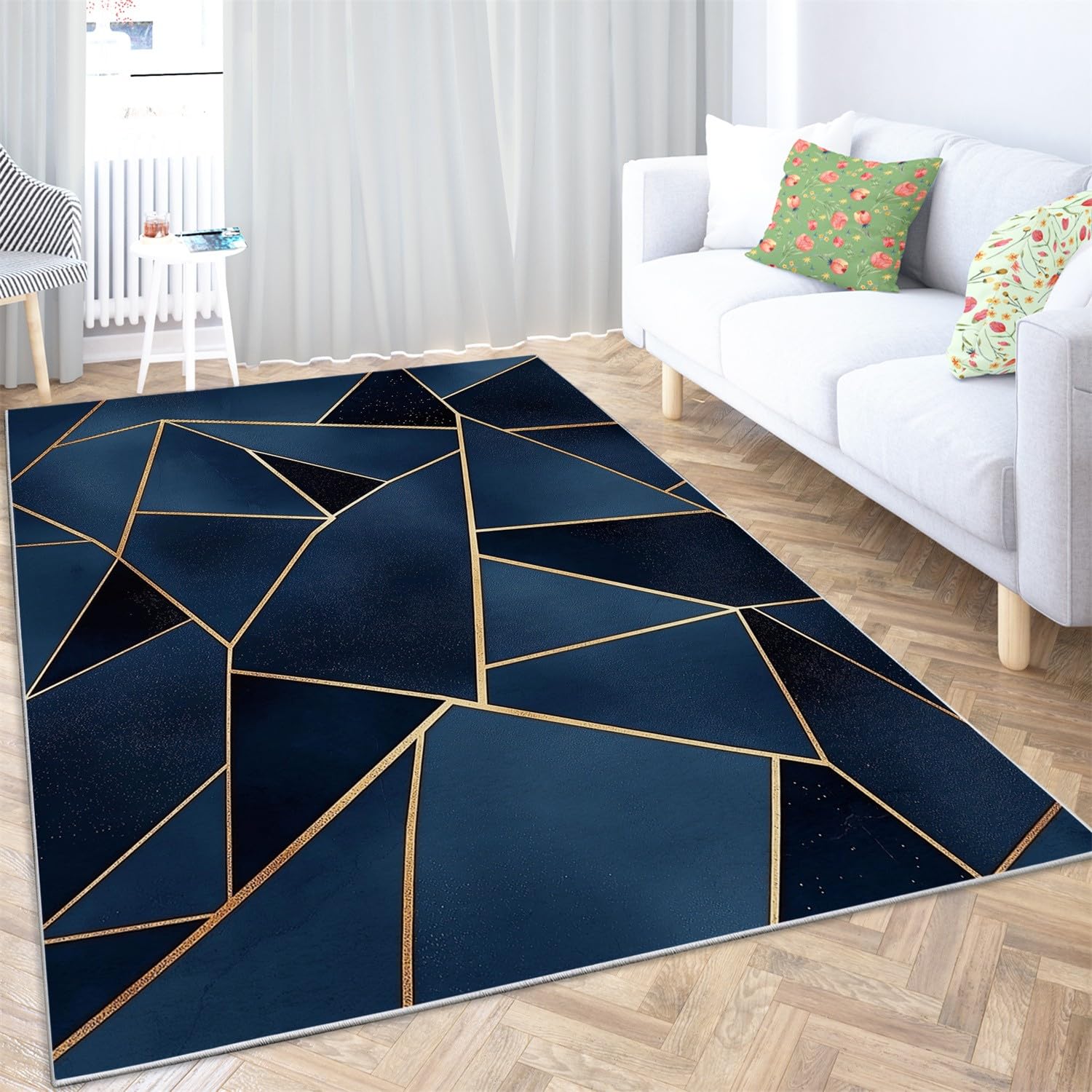 Teppich Wohnzimmer Kurzflor Dunkelblaue Geometrische Formen Schlafzimmer Flauschig Rechteckiger rutschfest Für Kinderzimmer Teppich Jungen Waschbar Fußmatte 140 X 200 cm, Dunkelblau