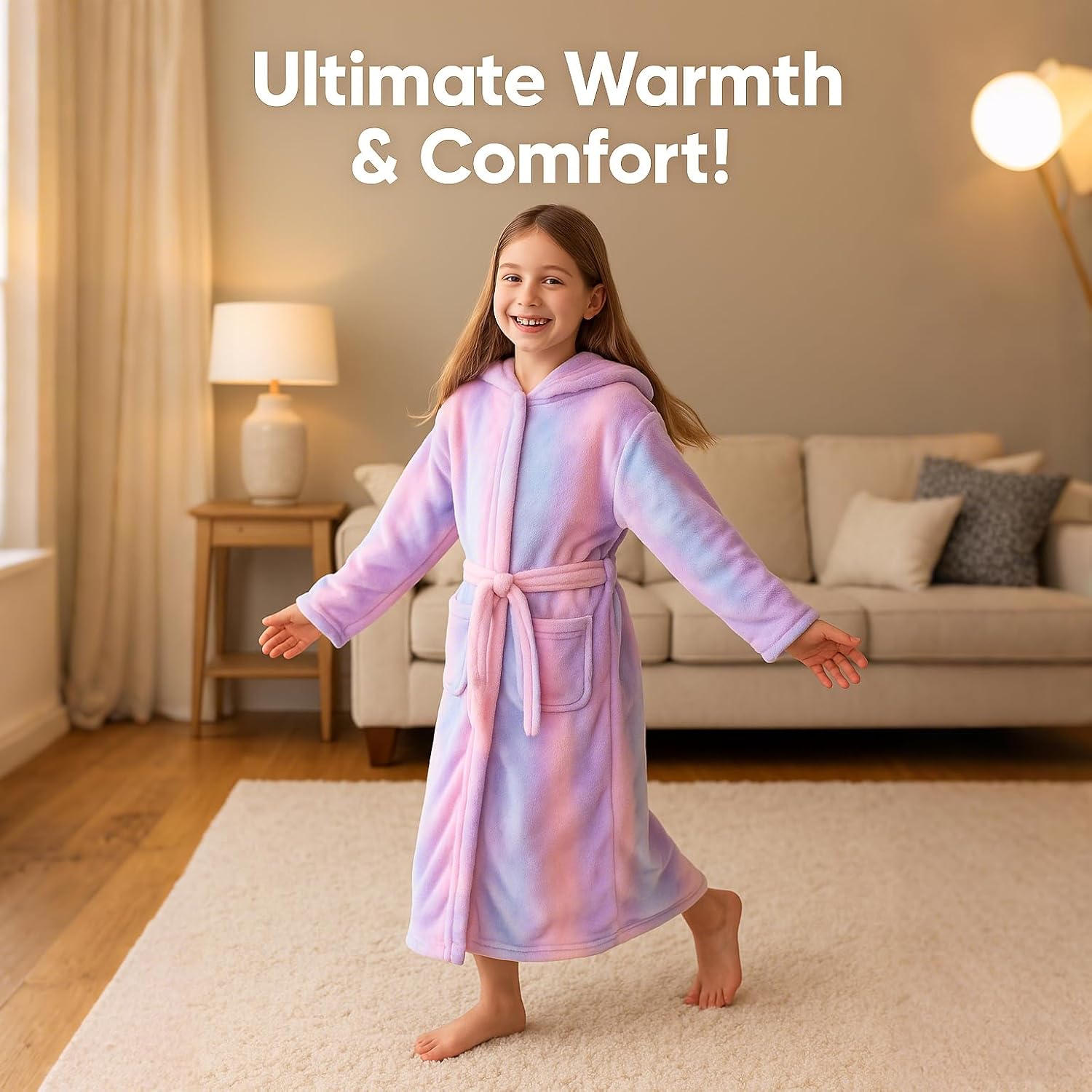 ACTLATI Girls Hooded Plush Bathrobe Full Length – Soft Fleece Robe with Belt & Pockets, Long Kids Robe for Girls Ages 3-13 - Image 3