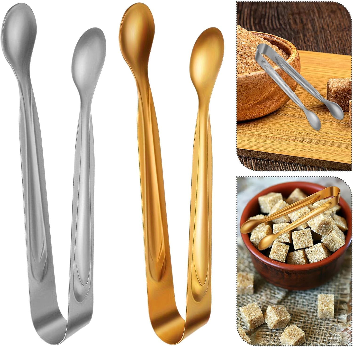 Garneck 6pcs Stainless Steel Sugar Cube Tongs Small Mini Serving Tongs for Appetizers Tea Party Desserts Kitchen Food Clips Gold and Silver Colors