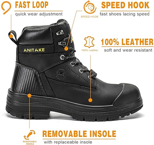 Miniatura 2 de ANITAKE Botas de trabajo con punta de acero para hombre, 6 pulgadas, cuero de grano completo, aislamiento eléctrico, antideslizantes, resistentes a