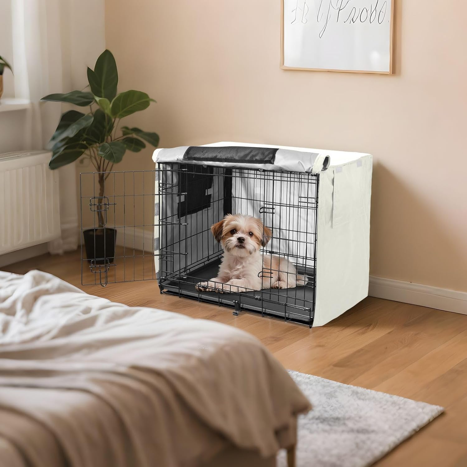 Ivory Dog Crate Covers Fixed Buckle at Bottom, Pet Kennel Cover with Mesh Windows, X-Large