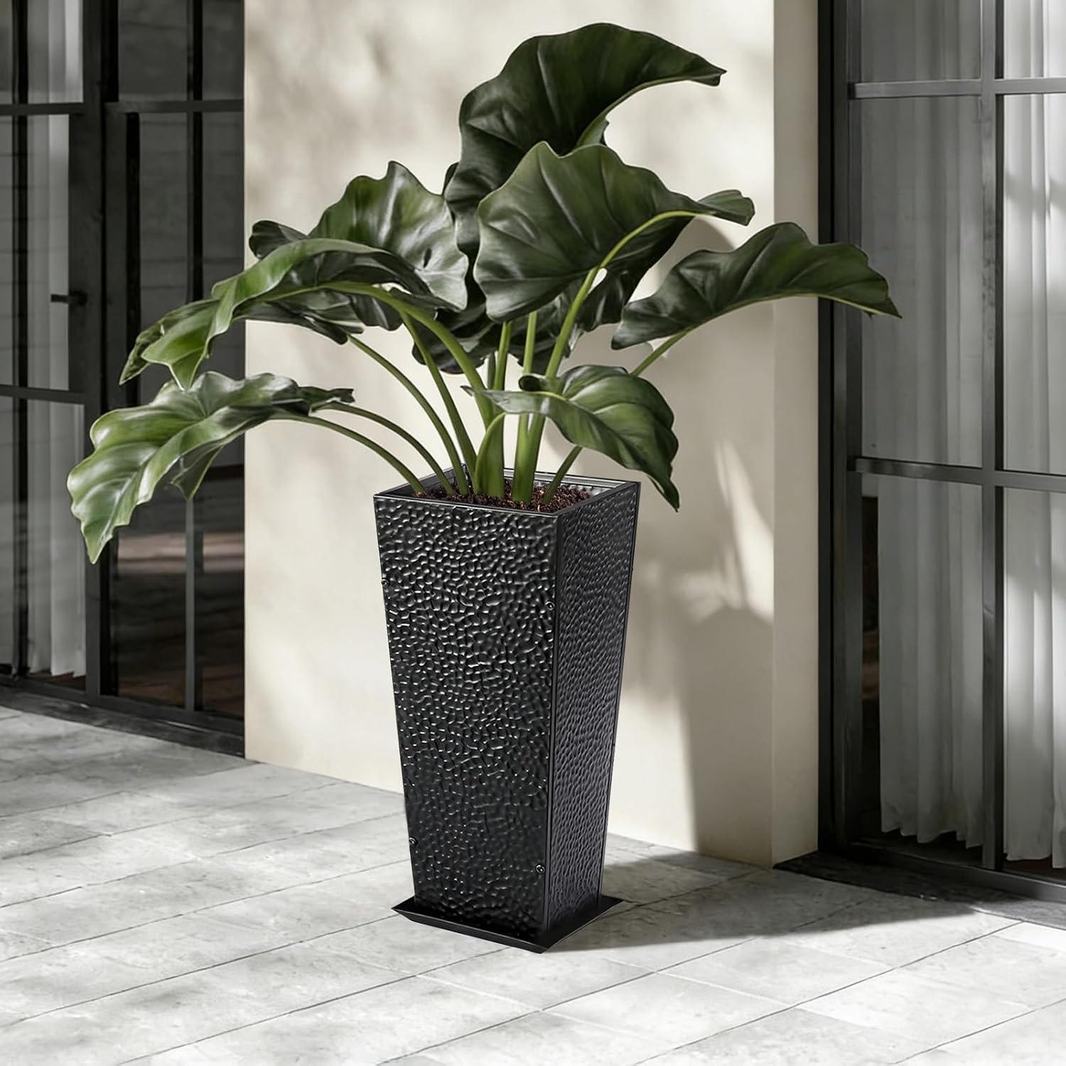 BAYN 2-Pack 24" Tall Metal Planter – Hand-Hammered Textured Large Black Flower Pots Box with Saucer for Outdoor&Indoor, Garden, Porch, Patio, Yard with Pre-Drilled Drainage Holes