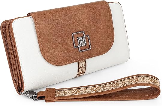 FADEON Leather Wallets for Women, Designer Large RFID Blocking Trifold Wristlet Purse with Credit Card Holder Organizer Beige