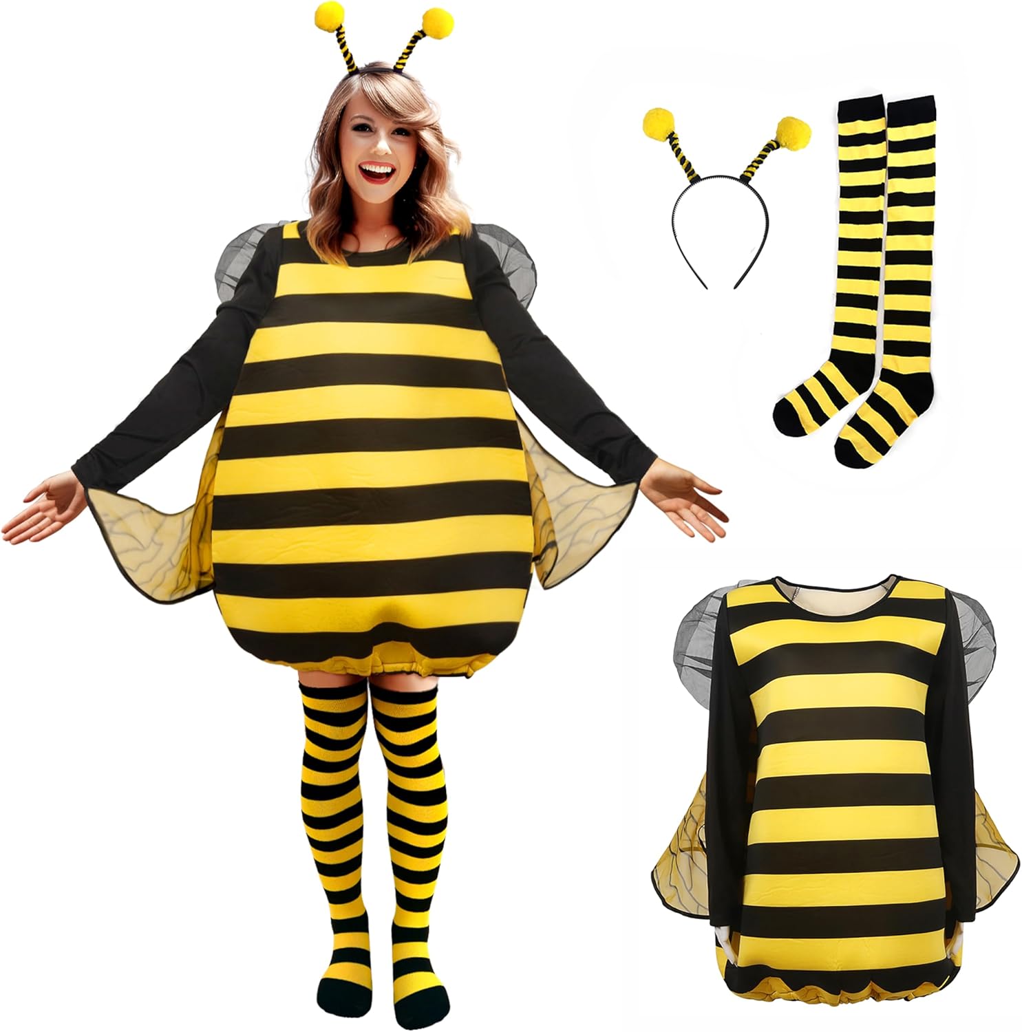 MCJC 4 PCS Adult Bumble bee Costume,Halloween Funny Animal Costume,Bee Costume Accessories Set