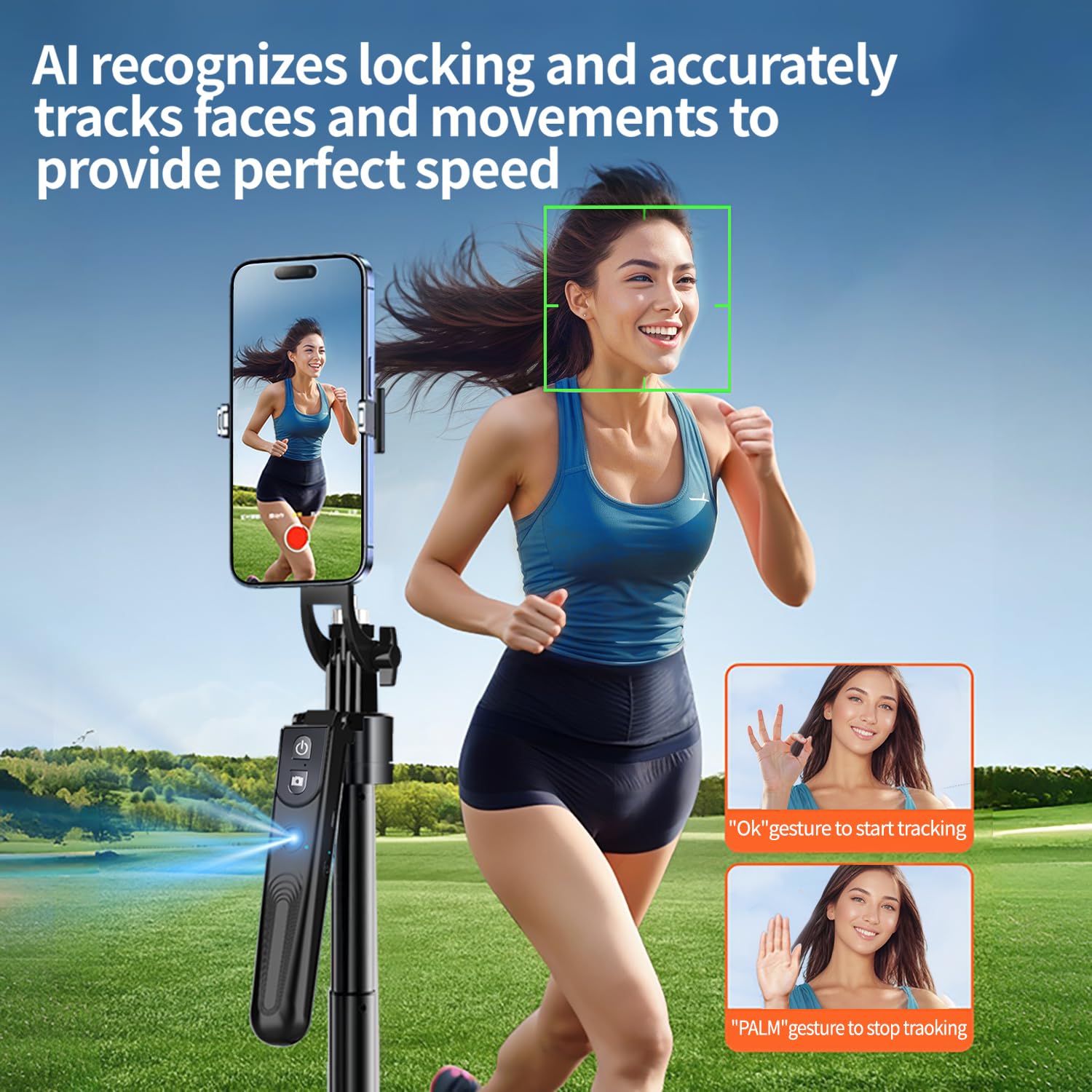 Trípode de seguimiento facial automático con soporte de rotación de 360 grados, seguimiento de movimiento Ai de 70.9 pulgadas, rotación de palo selfie celular con control remoto, soporte de teléfono