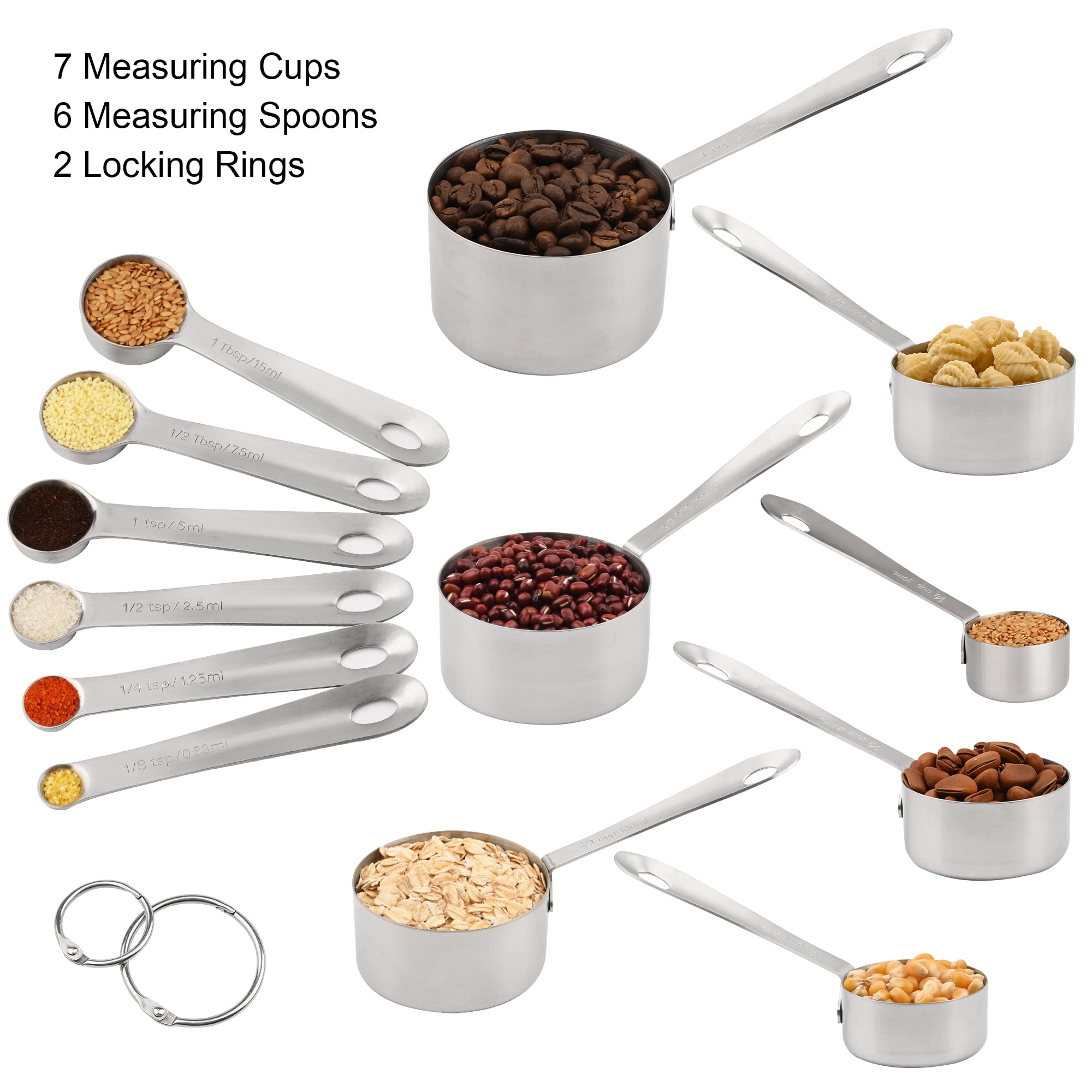 Messbecher- und Löffel-Set, 18/8 Edelstahl, Messbecher und Löffel, metrisches und US-Metall, 7 Küchenmessbecher und 6 Messlöffel, Backmesswerkzeug-Set 13