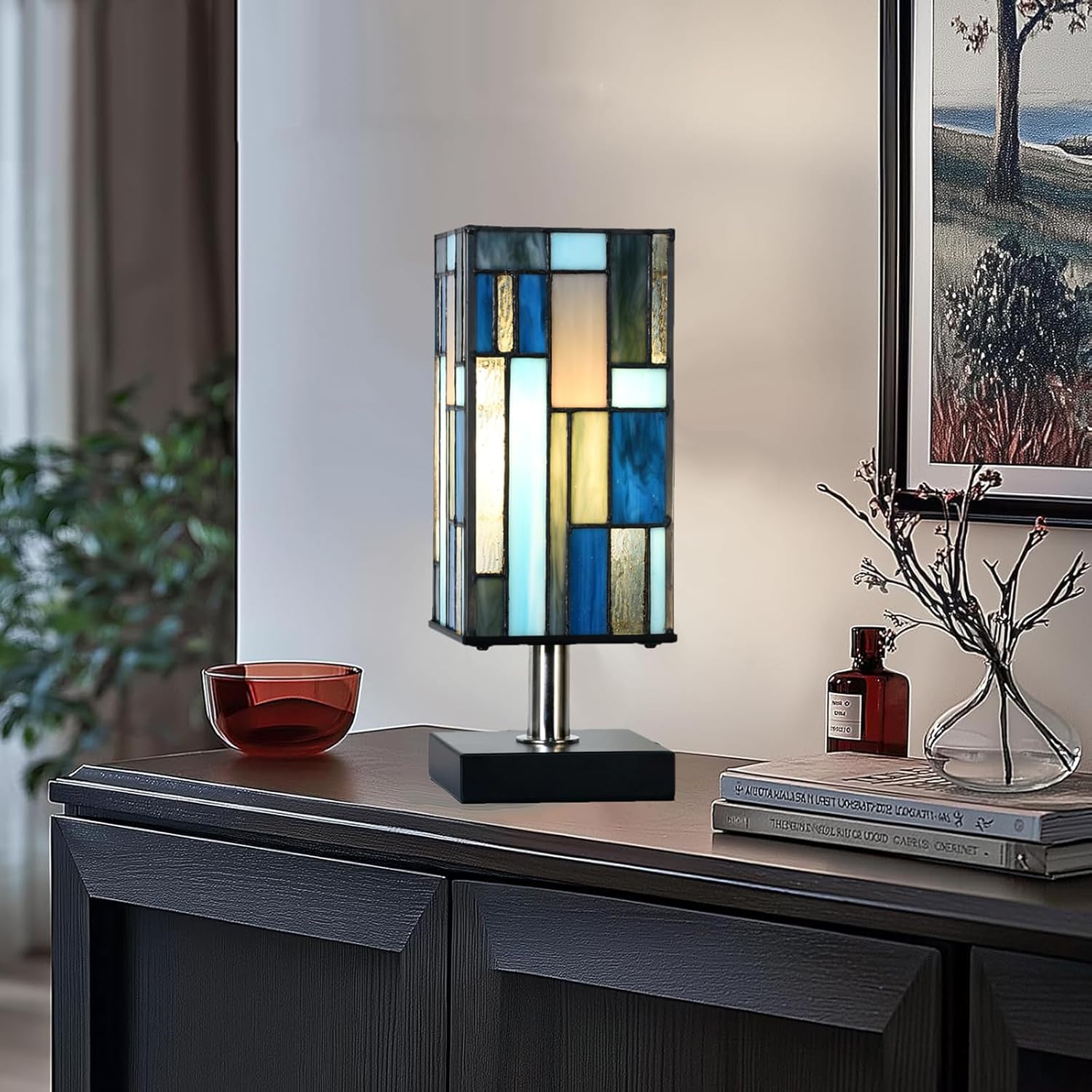 TL0036 Small Tiffany Style Table Lamp, Blue & Teal Stained Glass Shade, Uplight Desk Light for Bedroom Living Room, 4.5" W x 11" H, LED Bulb Included