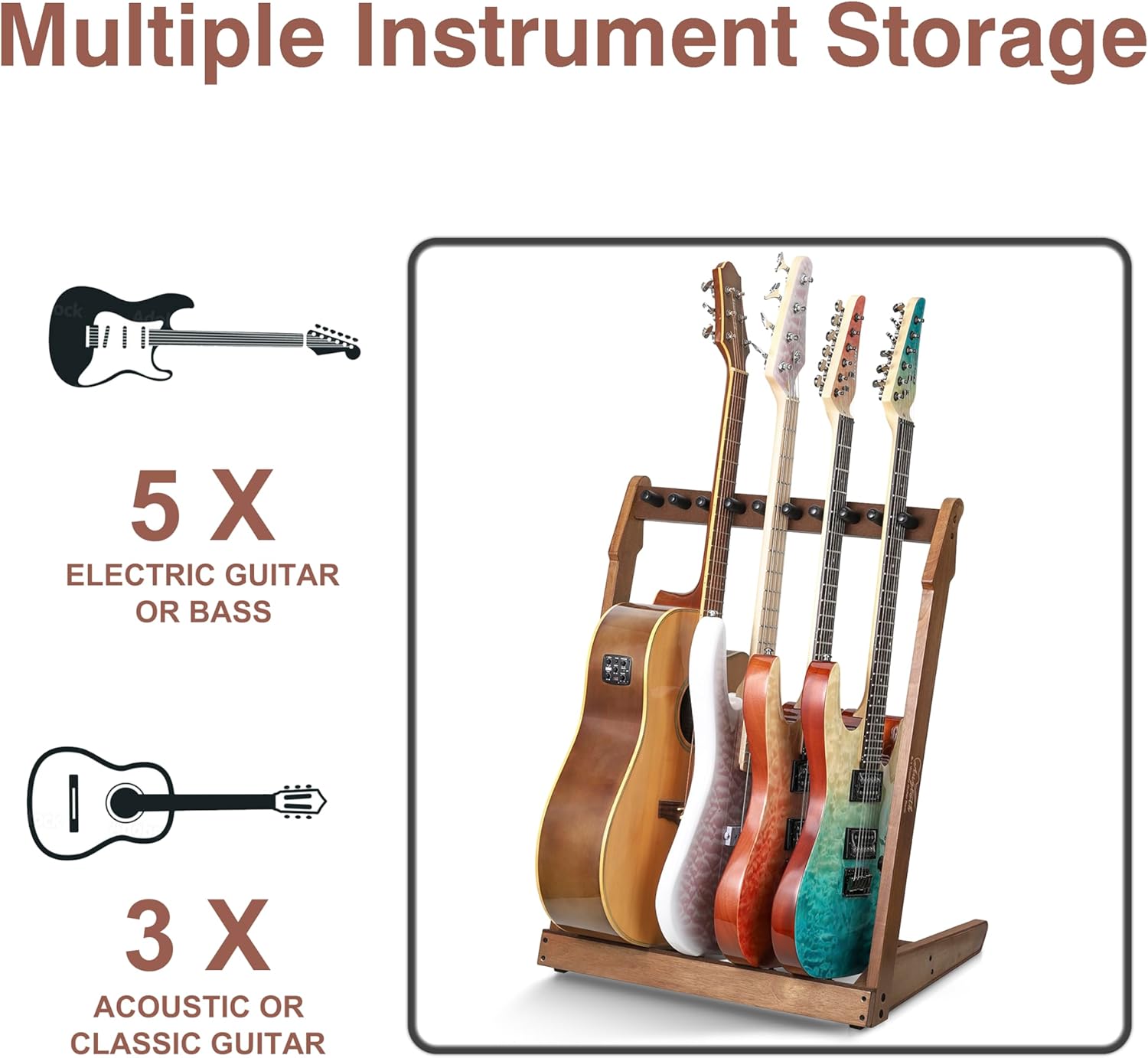 Guitar Stand for Multiple Guitars,Multi Wood Guitar Rack for 3 Acoustic Guitar, 5 Electric or Bass,18mm-thick wooden plank