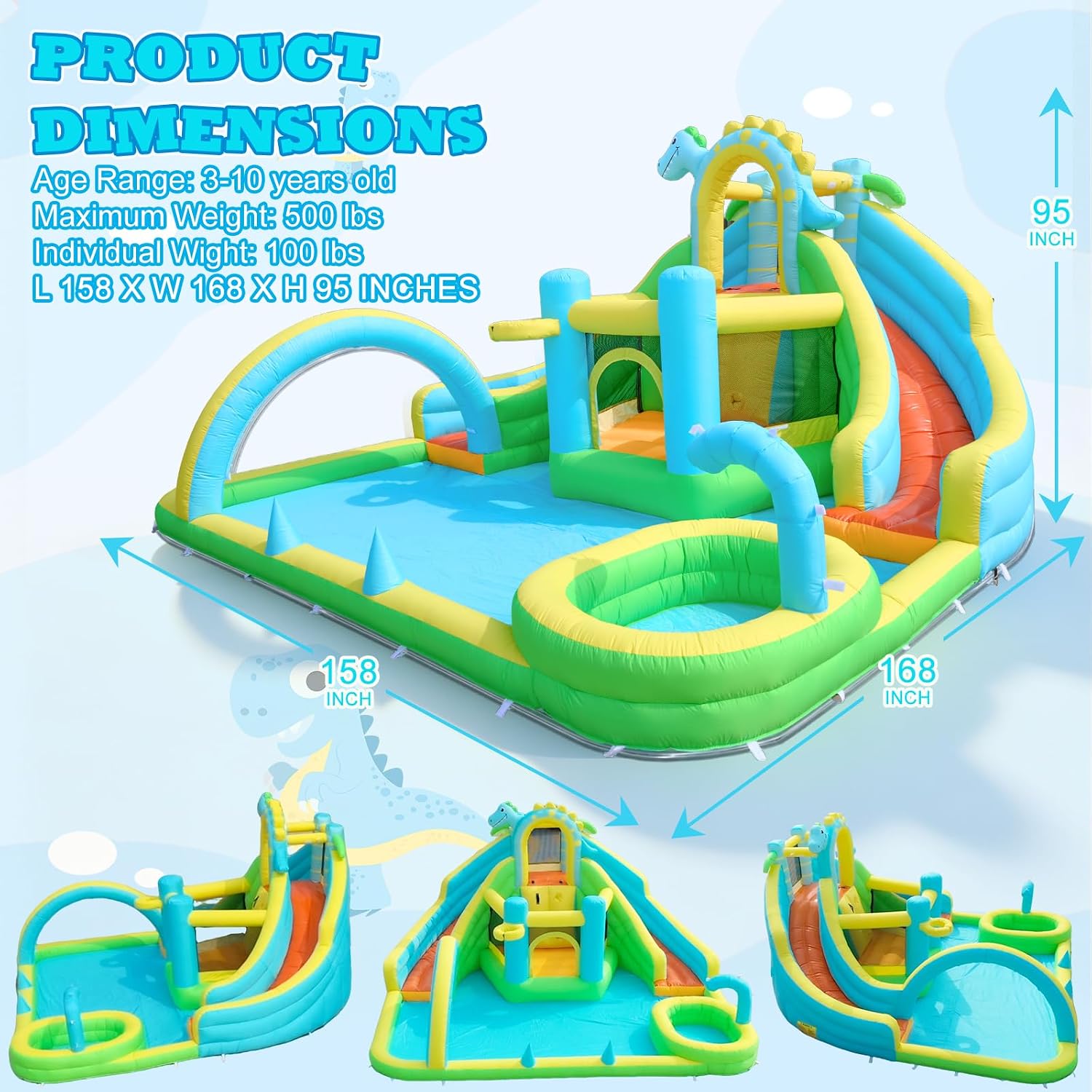 Inflatable Bounce House Water Slide Combo, Dinosaur Themed Blow Up Water Slides for Backyard with Dual Slide, Climbing Wall, Splash Pool and Jumping Castle, Water Park for Big Kids 3-12