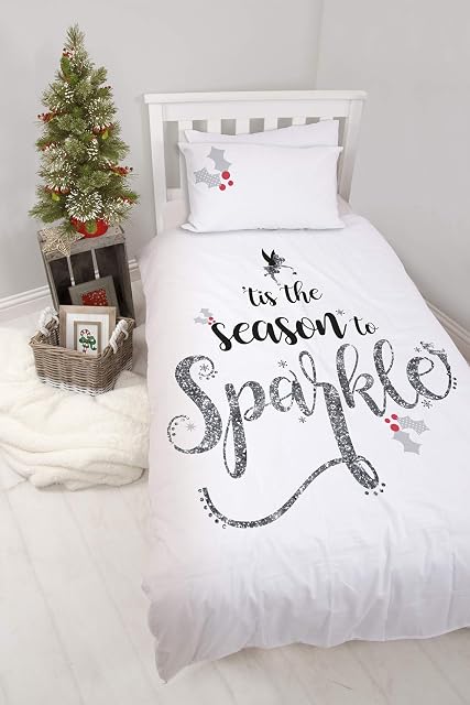 Disney Tinkerbell Christmas Princess Single Duvet Cover | Reversible Two Sided Bedding with Matching Pillow Case, Multi Coloured, 200 x 135cm