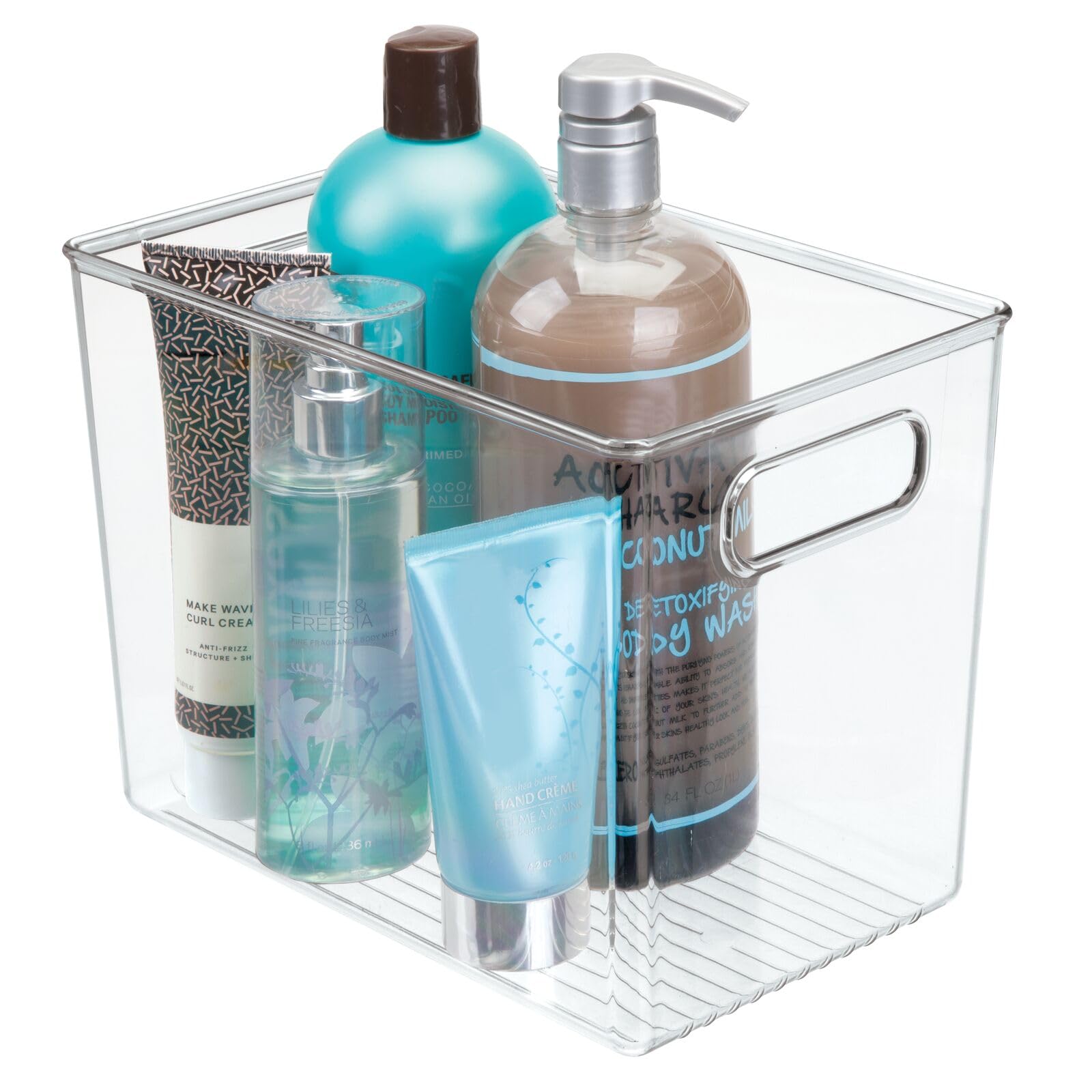 mDesign Plastic Deep Bathroom Storage Bin with Handles for Organizing Soaps, Shampoos, Conditioners, Body Wash, Serums, Oils, Supplements, Hair Styling Accessories, Ligne Collection - Clear