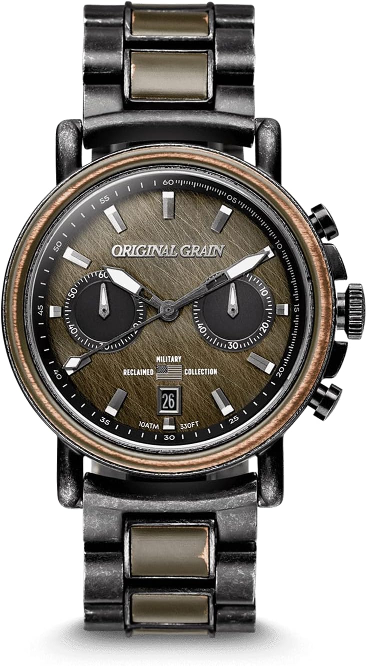Original Grain Men's Military Ammo 44mm Analog Watch | Alterra Chrono Collection, Stonewashed Steel, Adjustable Watch Band | 10ATM Water-Resistant & Scratch-Resistant | Bracelet Wrist Watch for Men