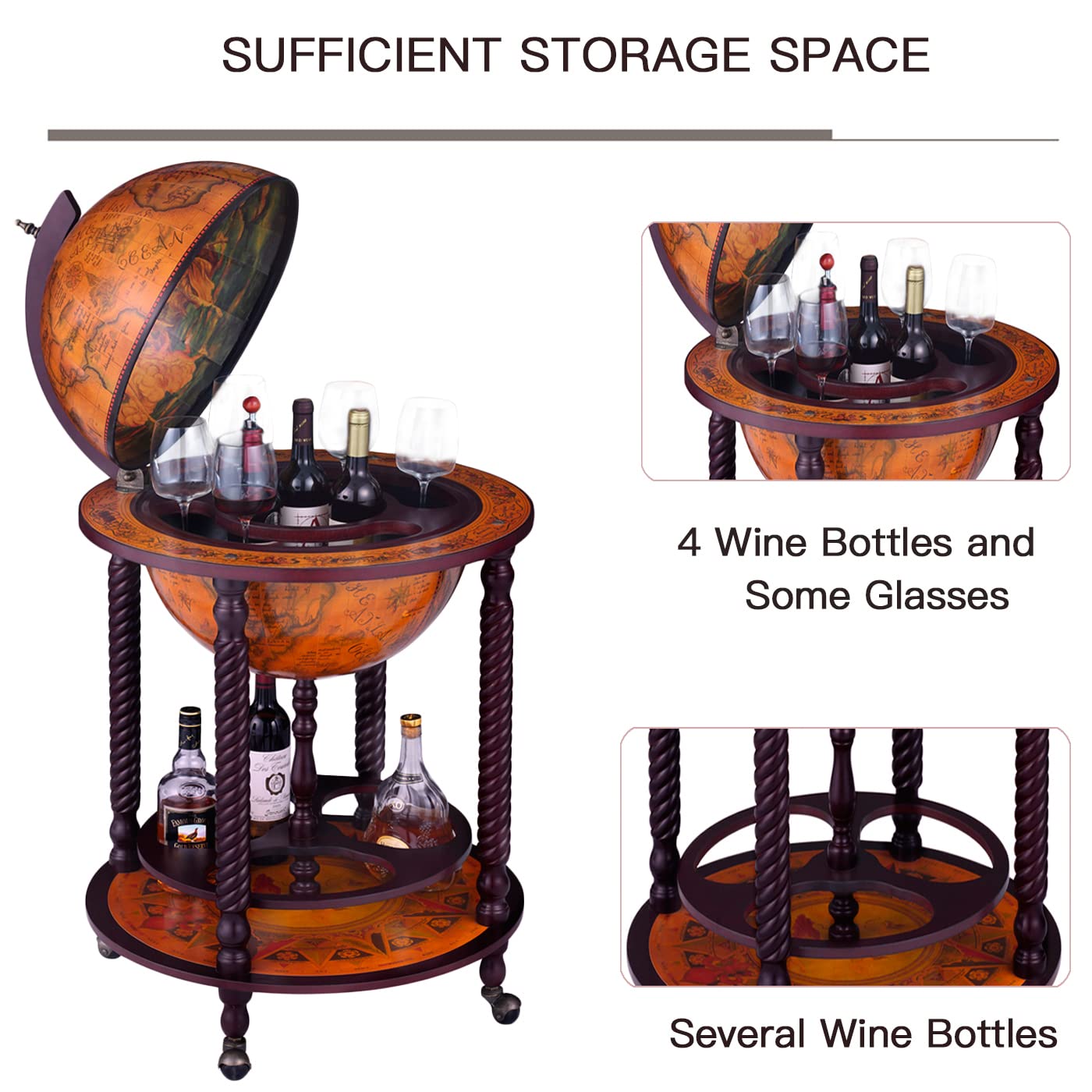 Buy 40" Globe Bar Cart Stand Sixteenth Century Italian Replica Globe