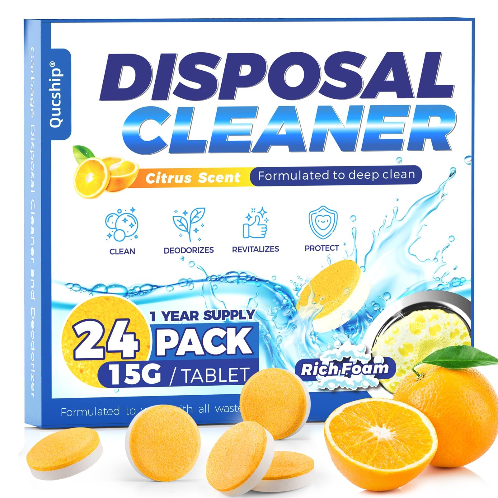 Qucship Powerful Foaming Garbage Disposal Cleaner and Deodorizer Tablets,22 Pack,Citrus Scent Garbage Disposal Cleaner