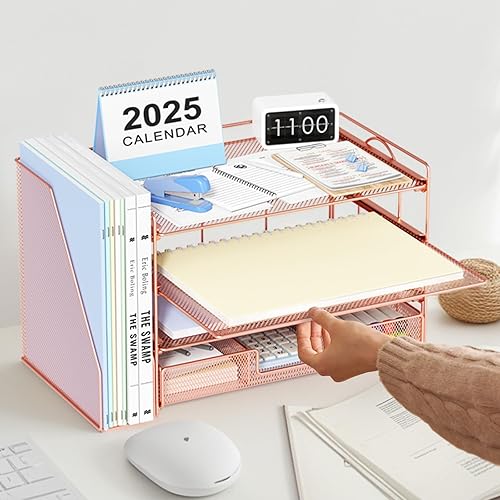 Miniatura 5 de OPNICE Organizadores y accesorios de escritorio, bandeja de papel de 4 niveles con soporte extraíble + cajón, organizador de archivos de escritorio