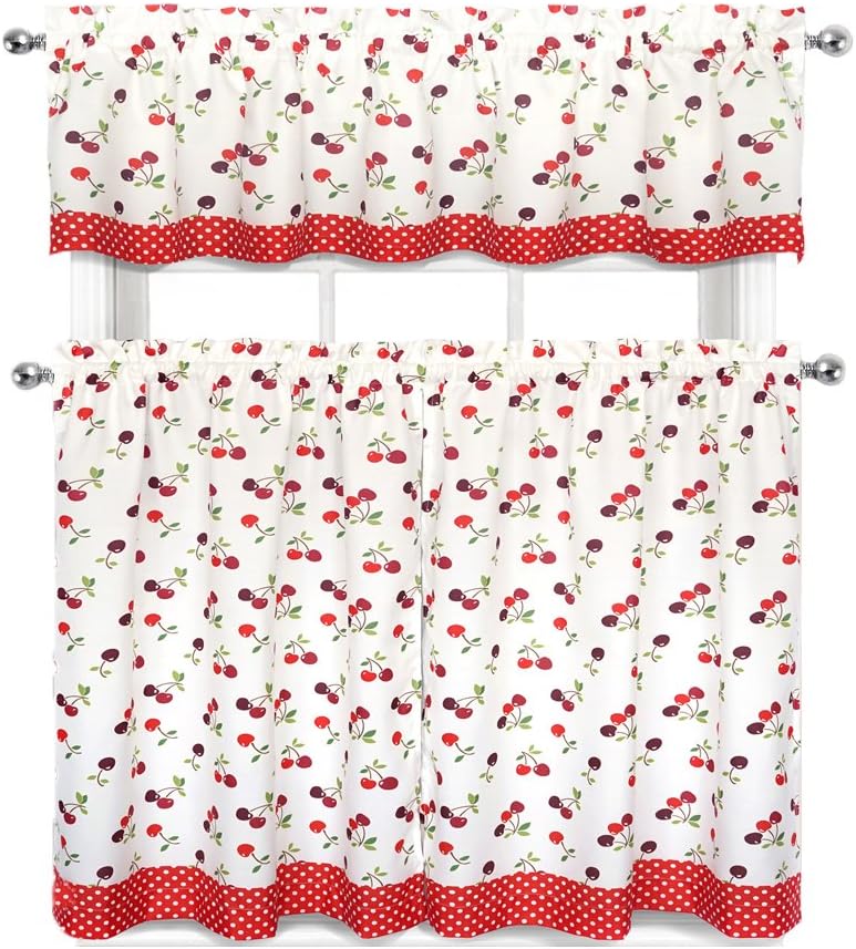 Regal Home CollectionsComplete 3 Pc. Kitchen Curtain Tier &, Valance Set, Cherries & Polka Dots