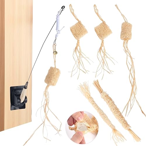 Natural Loofah Raffia Cat Chew Toy-5pcs Handmade Gum Massage Teether w Cat Wand Toy, Interactive Teeth Cleaning Toys,Kitten Chew Stick for