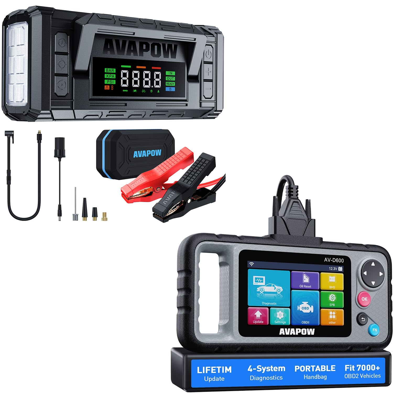 AVAPOW 8000A Jump Starter with Air Compressor, Avapow 2025 4-System Diagnostics Obd2 Scanner