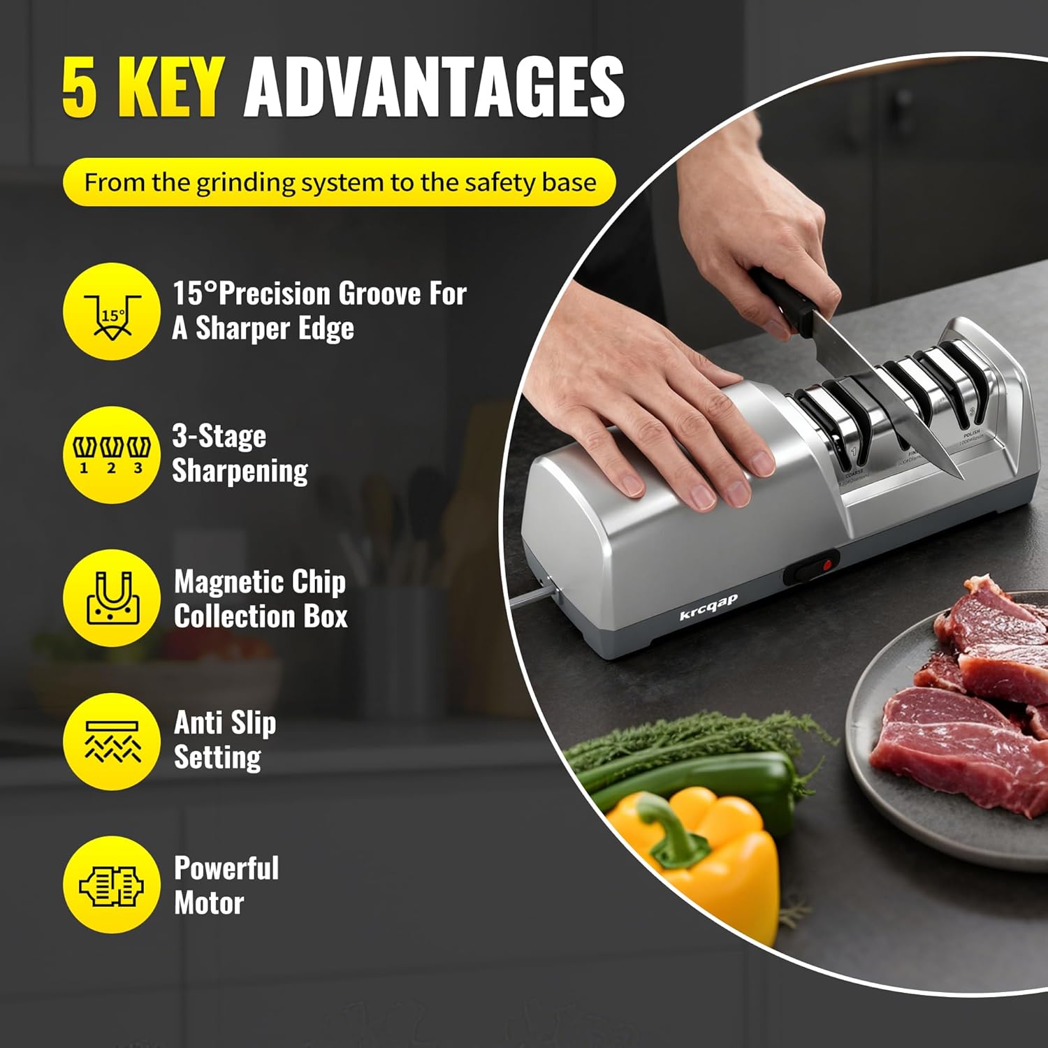 Electric Knife Sharpener for Kitchen Knives, Professional 3-Stages with 100% Diamond Abrasive, 15-Degree EdgeSelect Angle & Fast Sharpening, Repair, Restore, Polish