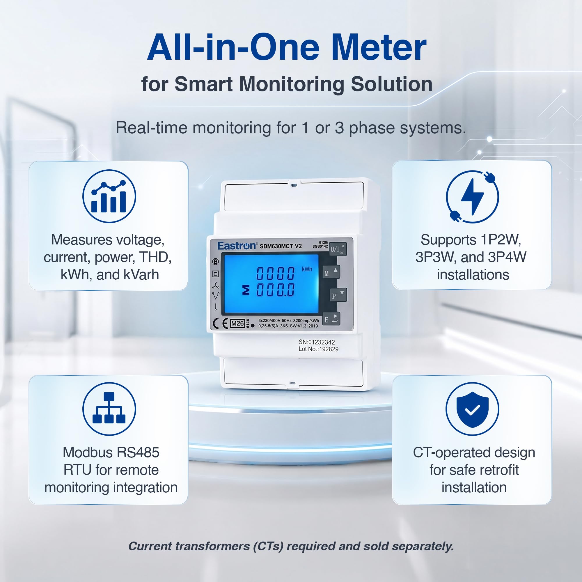 Medidor de electricidad Eastron SDM630MCT V2 - Modbus RS485 RTU Monofásico/trifásico - Medidor inteligente de riel DIN operado por CT, medidor de pulso,. MID/Calibrado