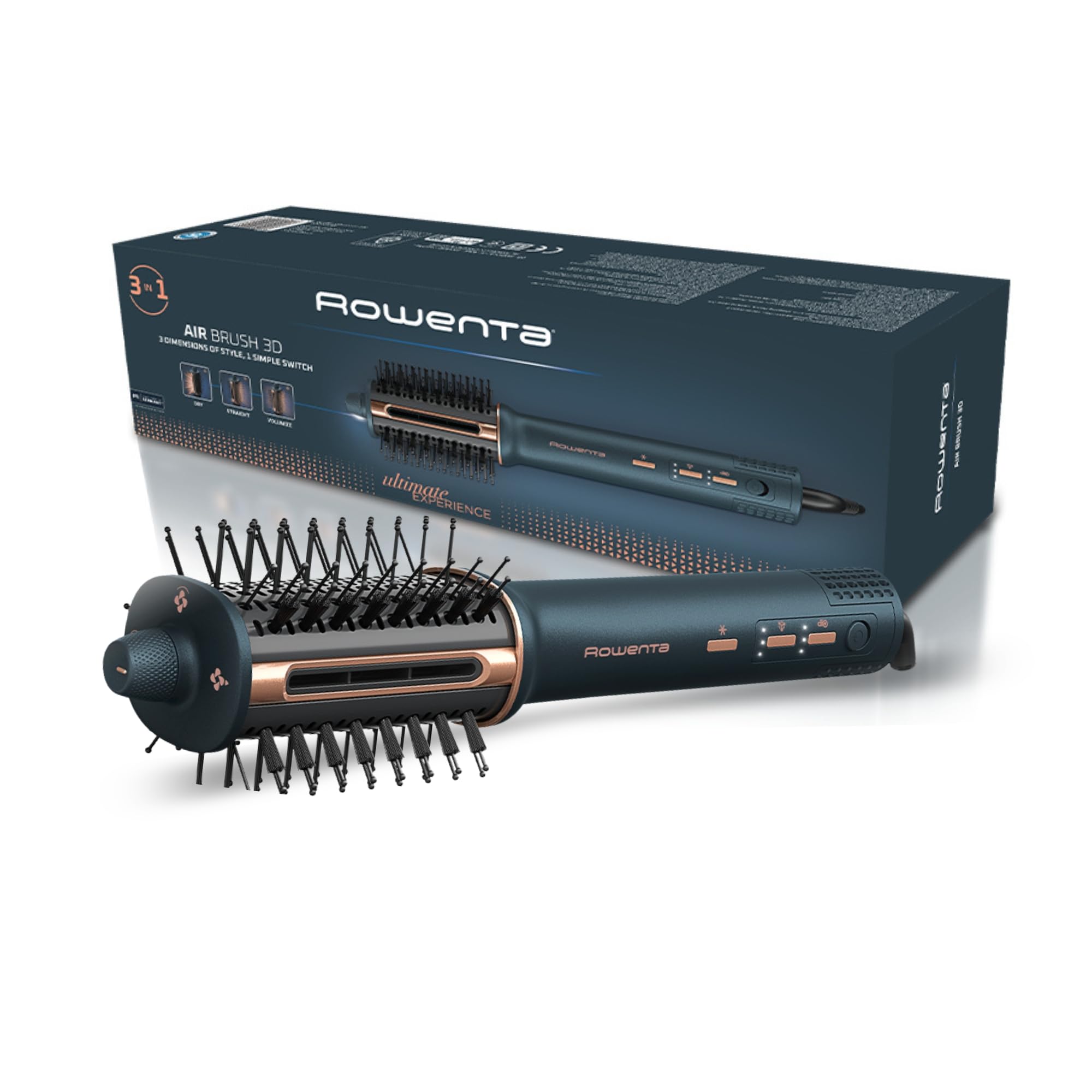 Rowenta Air Brush 3D, 3-in1 Warmluftbürste, einfaches Umschalten, 3 Temperaturstufen, 3 Luftstromgeschwindigkeiten, Ionen-Effekt reduziert Frizz, Stylingbürste mit 360° Luftstrom, Metallblau, UB9720E0