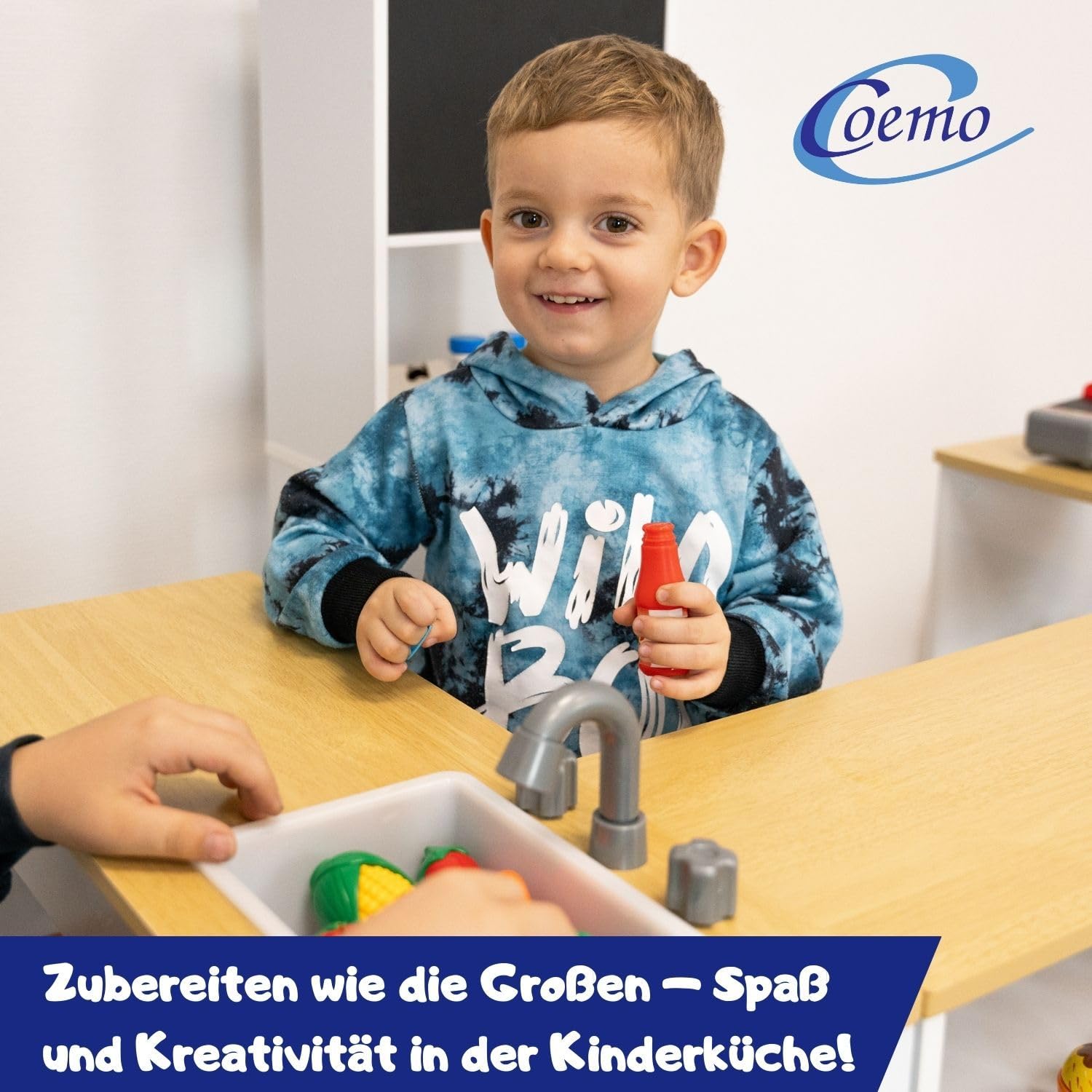 Coemo Spielküche Kaufladen Ida, grau, 4er Set mit Spülbecken | Große Kinderküche, Kaufmannsladen für Kinder, Spielzeugküche, Spielzeug und Küchenzubehör, Holzküche mit Kreidetafel