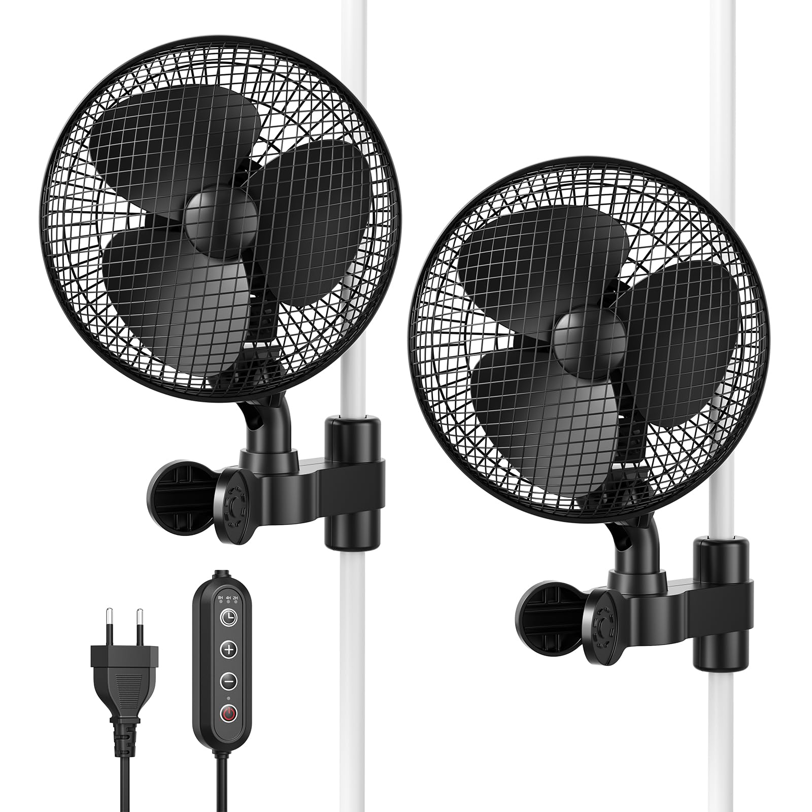 Lot de 2 ventilateurs à pince avec oscillation double, 315 CFM, 2 vitesses, 32dB, inclinaison verticale 120°+oscillation horizontale 90°, minuterie 2/4/8H, Pour tente de culture, serre, maison, bureau