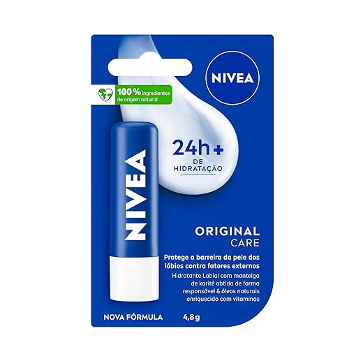 NIVEA Hidratante Labial Original Care 4,8g, Hidratação Intensa 24h, Protege contra Ressecamento, Cuidado Diário, Manteiga de Karité