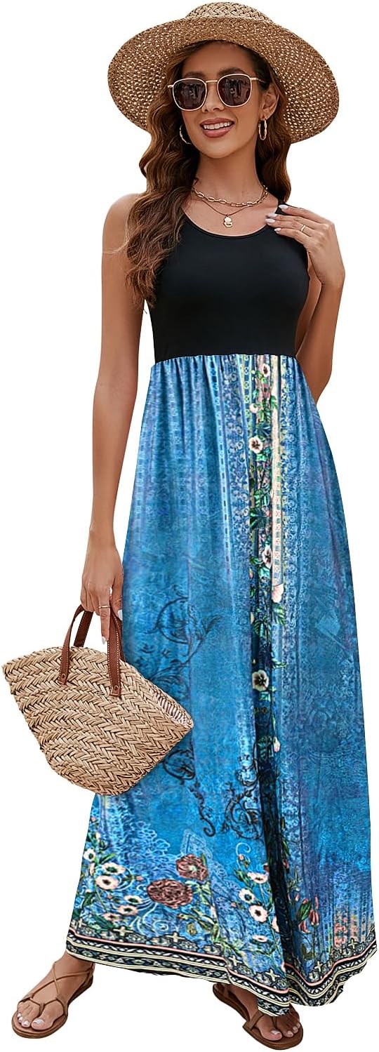Sherosa Women's Summer Sleeveless Boho Floral Maxi Dresses Chevron Striped Casual Tank Flowy Long Sundress Beach Vacation - Image 2