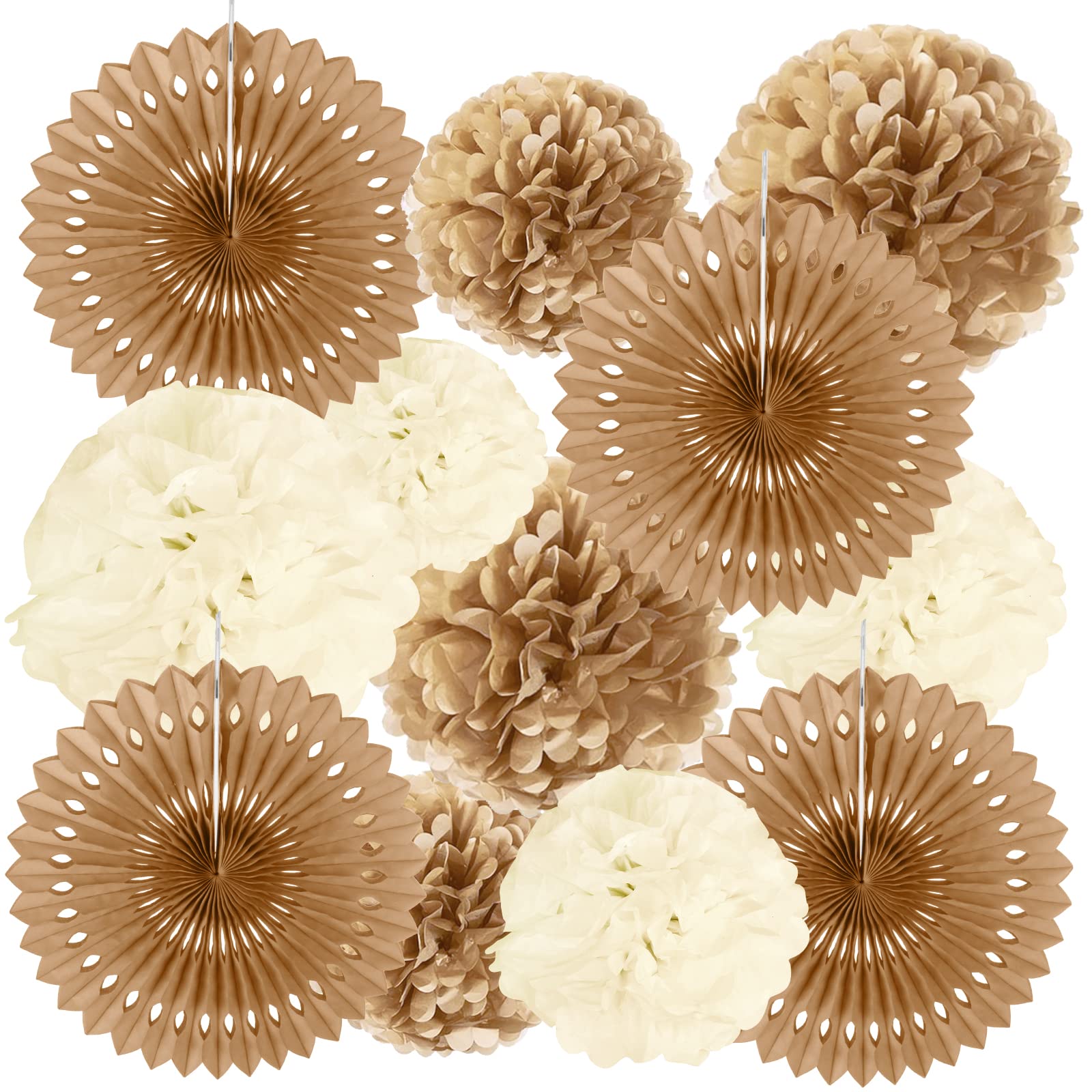 HONMOK 12PCS Abanicos de Papel boda vintage Flores de pompones papel Crema marrón Bola de Nido panal Pom Poms Ball linternas Ventilador Papel colgante despedida soltera Ducha Nupcial Fiesta Compromiso