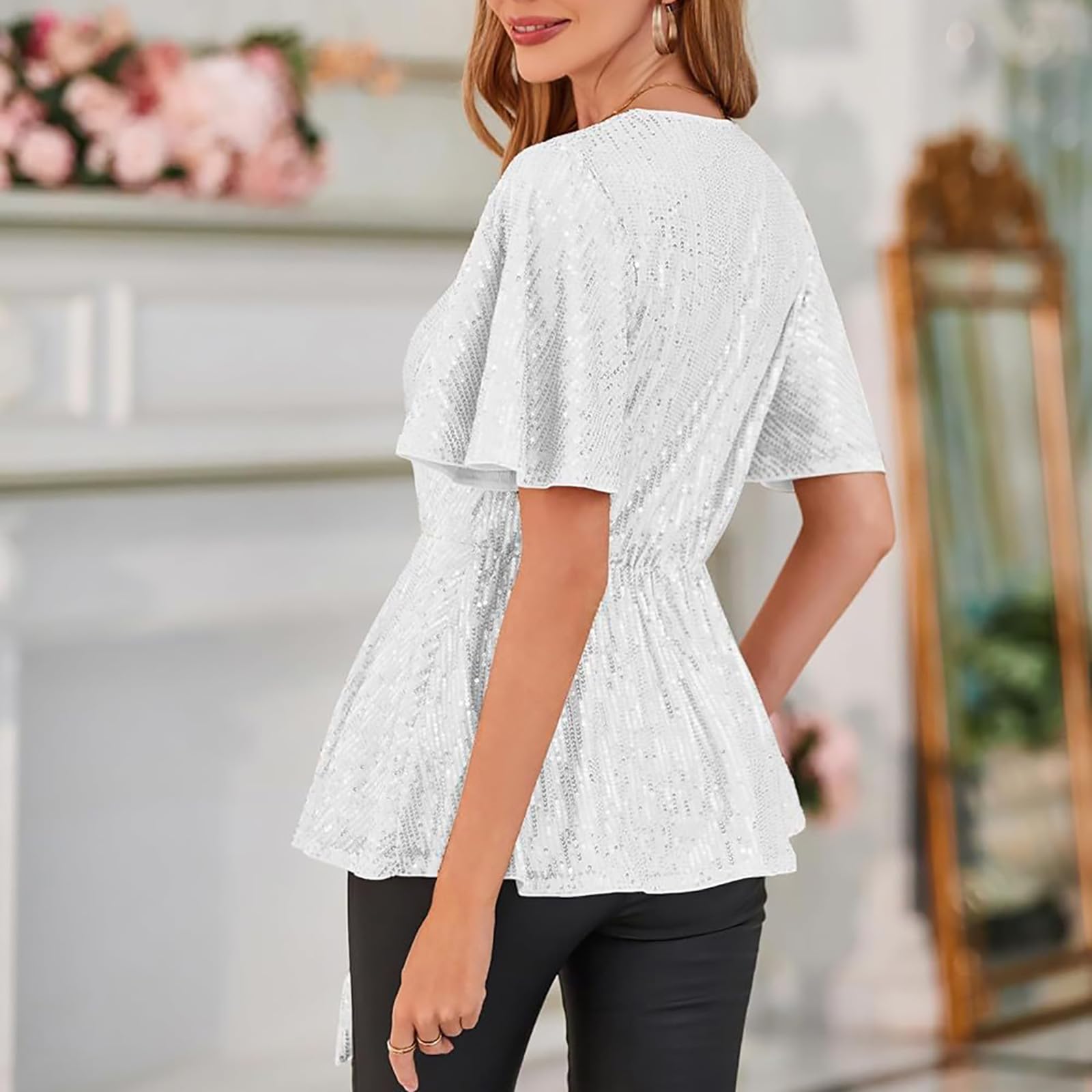 Top a lentejuelas para mujer, camiseta de noche, camiseta de cuello en V, elegante, camiseta de manga volante, alta elegante, color liso, camiseta holgada, camiseta de baile carnaval, camiseta