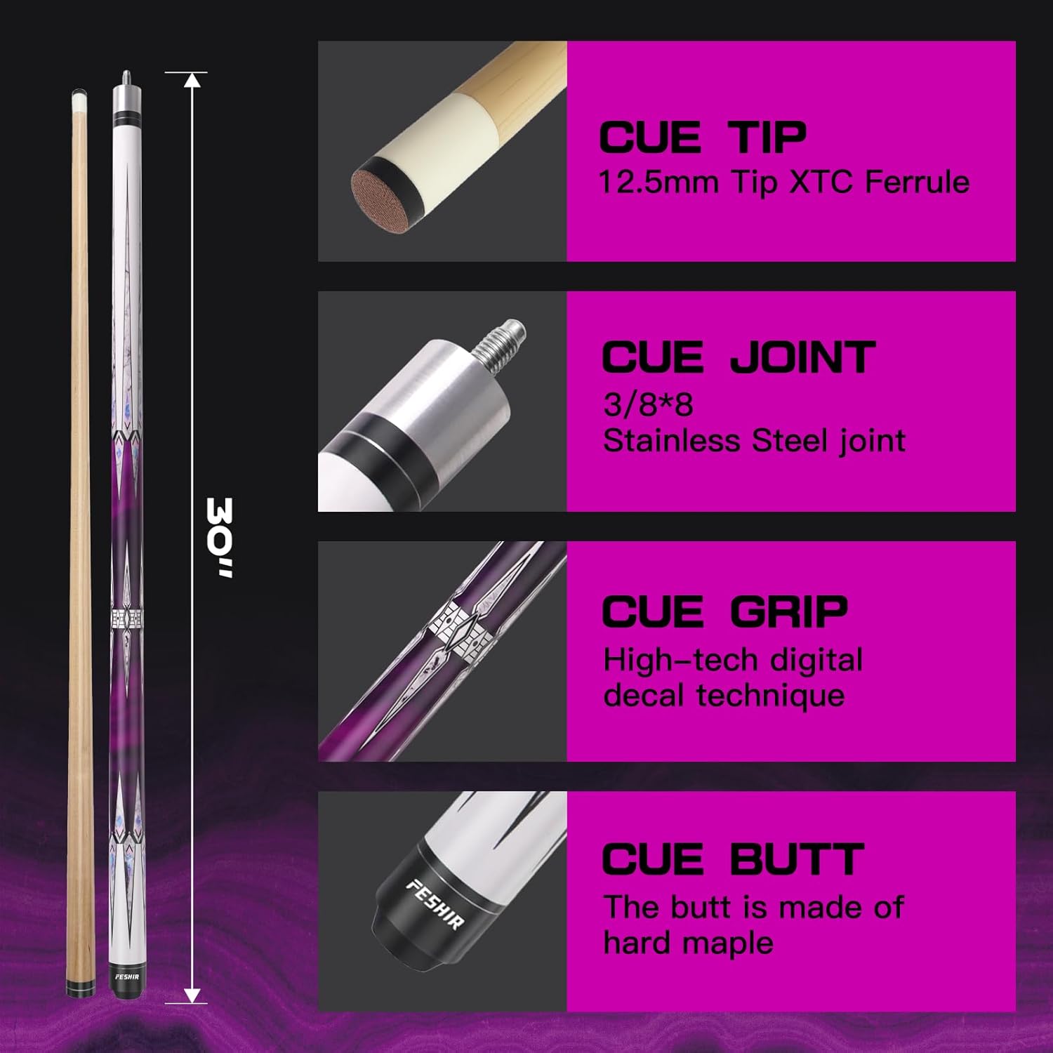 58 Inch 20oz Maple Billiard Pool Cue Stick Set with 12.5mm Tip, 3/8x8 Joint for Enhanced Control & Accuracy, Professional Low Deflection