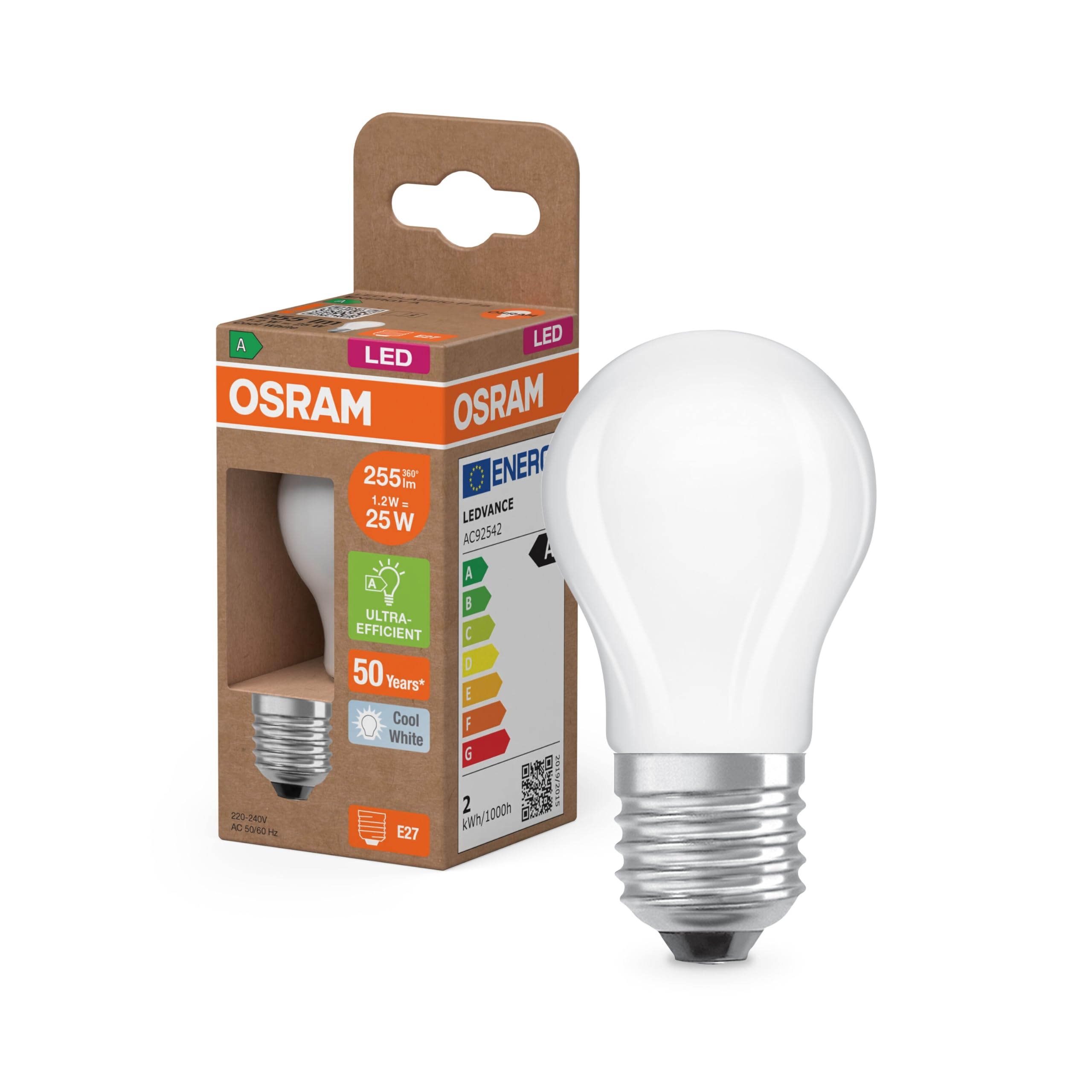OSRAM Classic Mini Ball LED Light Bulb with Frosted Design Decorative LED Filament Energy Class A E27 1.2W 255lm 4000K Cool White No Warm Up Instant 100% Light